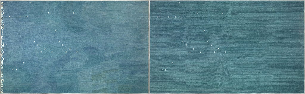 Two rectangular pieces of paper thickly brushed over with blue ink and scattered white circles. White lettering down the left edge of the left panel lists the alphabet.