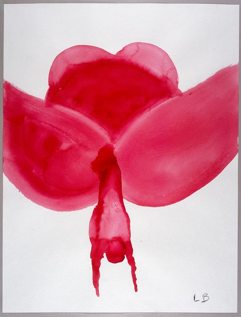 A red female torso is seen from between the legs. A small figure exists from between the legs.