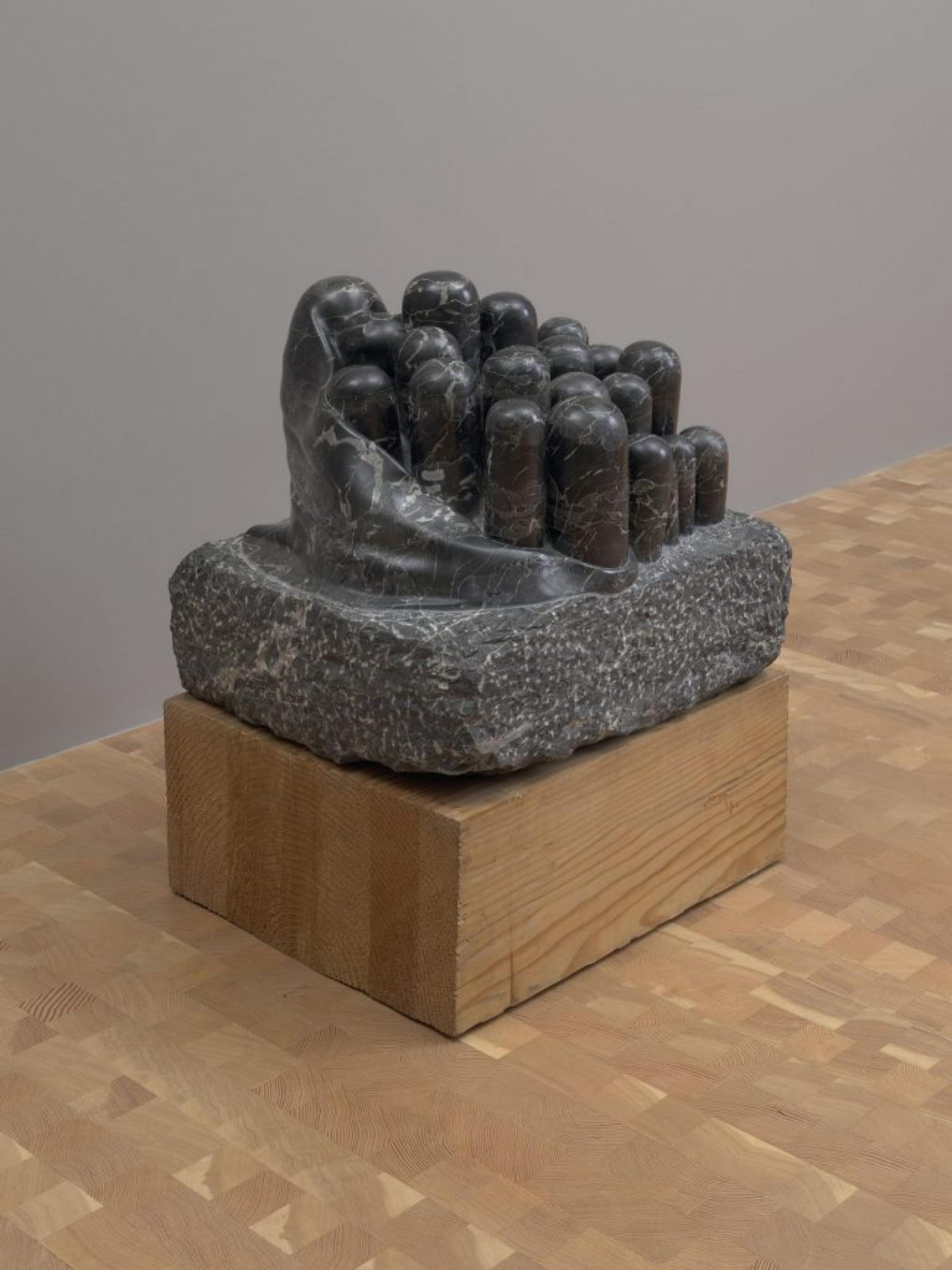 Sobre una gruesa base rectangular de madera (que se asienta sobre un suelo de madera) descansa un objeto de mármol macizo veteado en blanco y negro, delineado con extensiones verticales en forma de columna con cúpulas redondeadas.