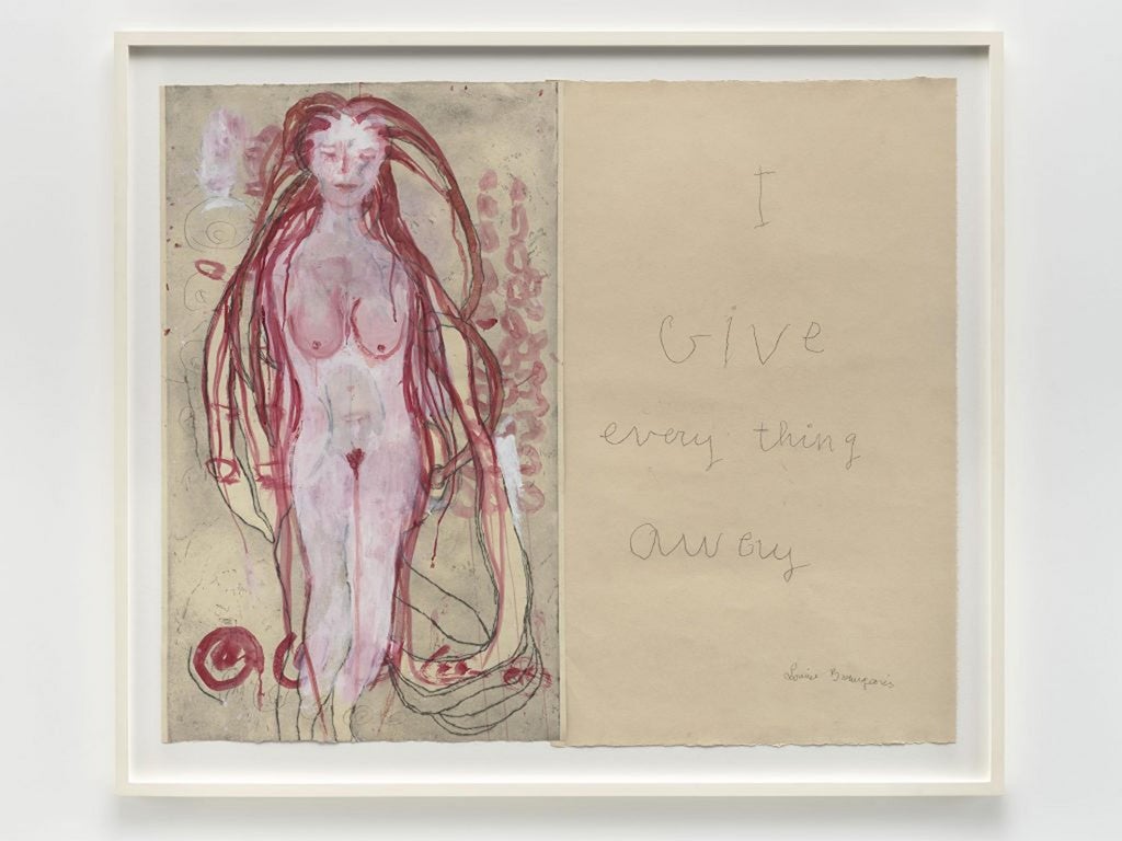 Primer panel de los seis grandes paneles con marco de madera colgados en la pared, cada uno de ellos tiene un grabado y técnicas mixtas sobre papel. Los paneles consisten en (en su mayoría) figuras rojas y azules, objetos naturales y abstractos y texto en cursiva.