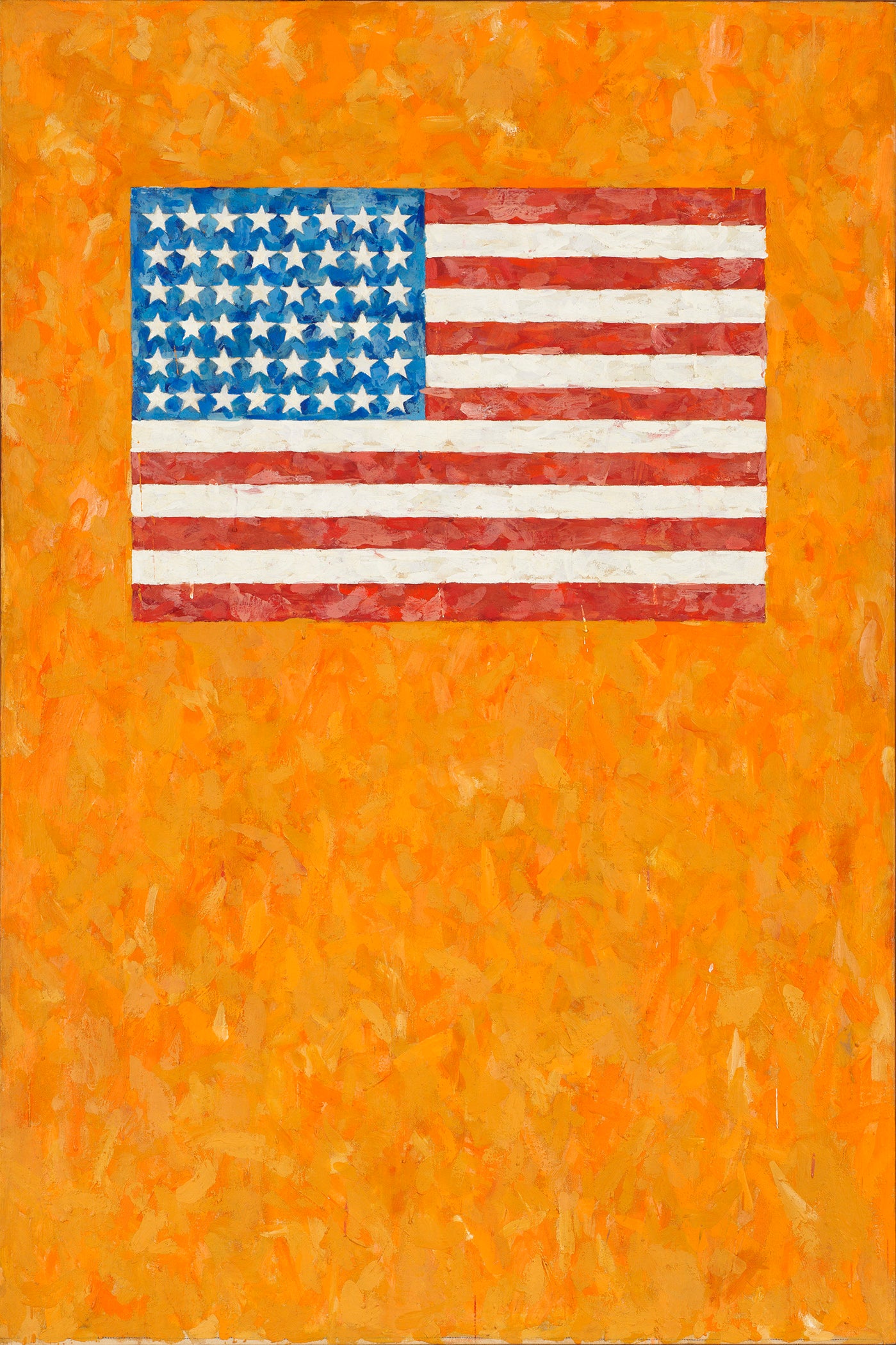 A painting of a flag on an orange background
