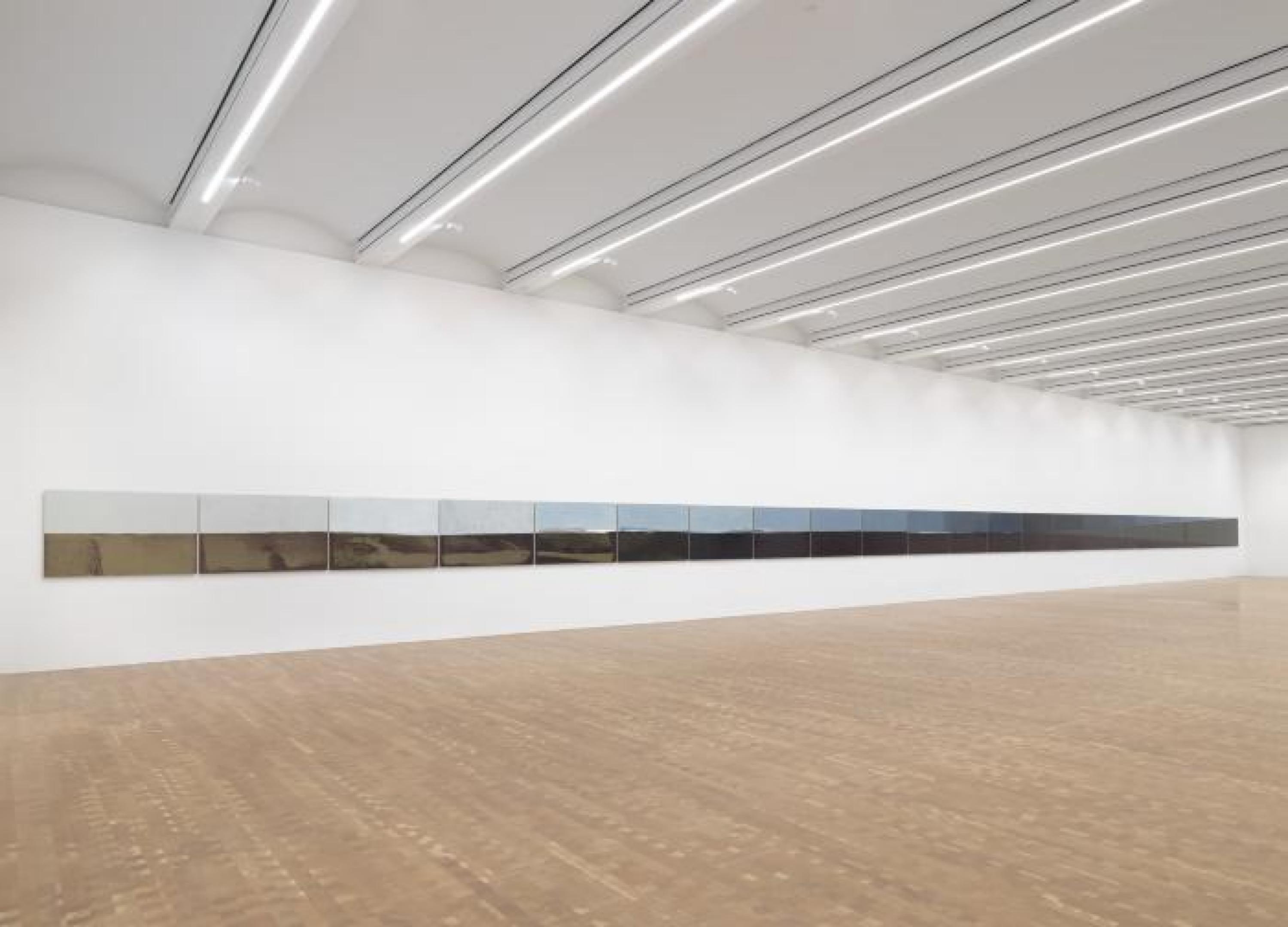 Un cuadro alargado, de muchos paneles de ancho, se extiende a través de una pared blanca de la galería.