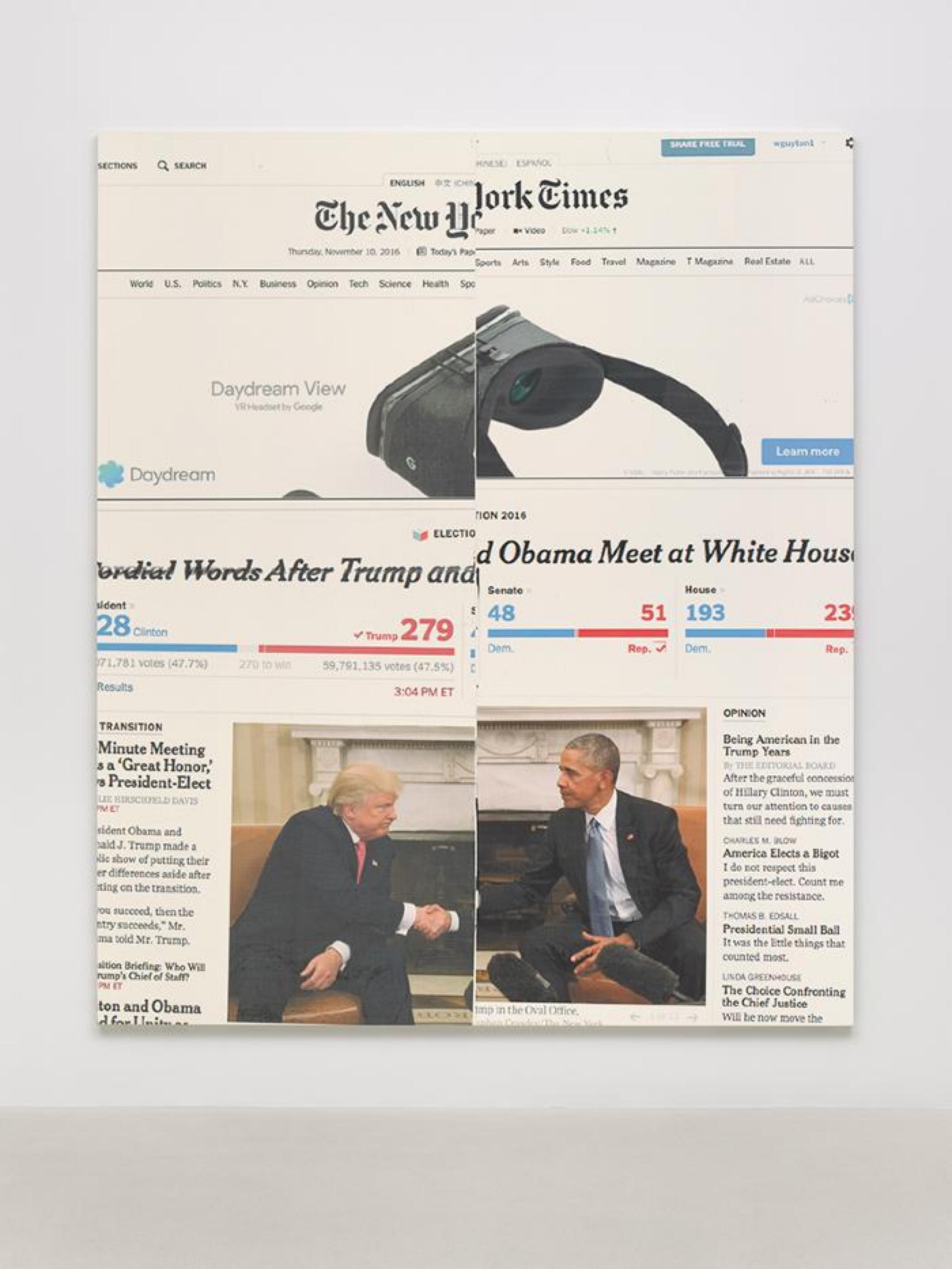 A collage of the New York Times split down the middle showing Presidents Obama and Trump shaking hands.