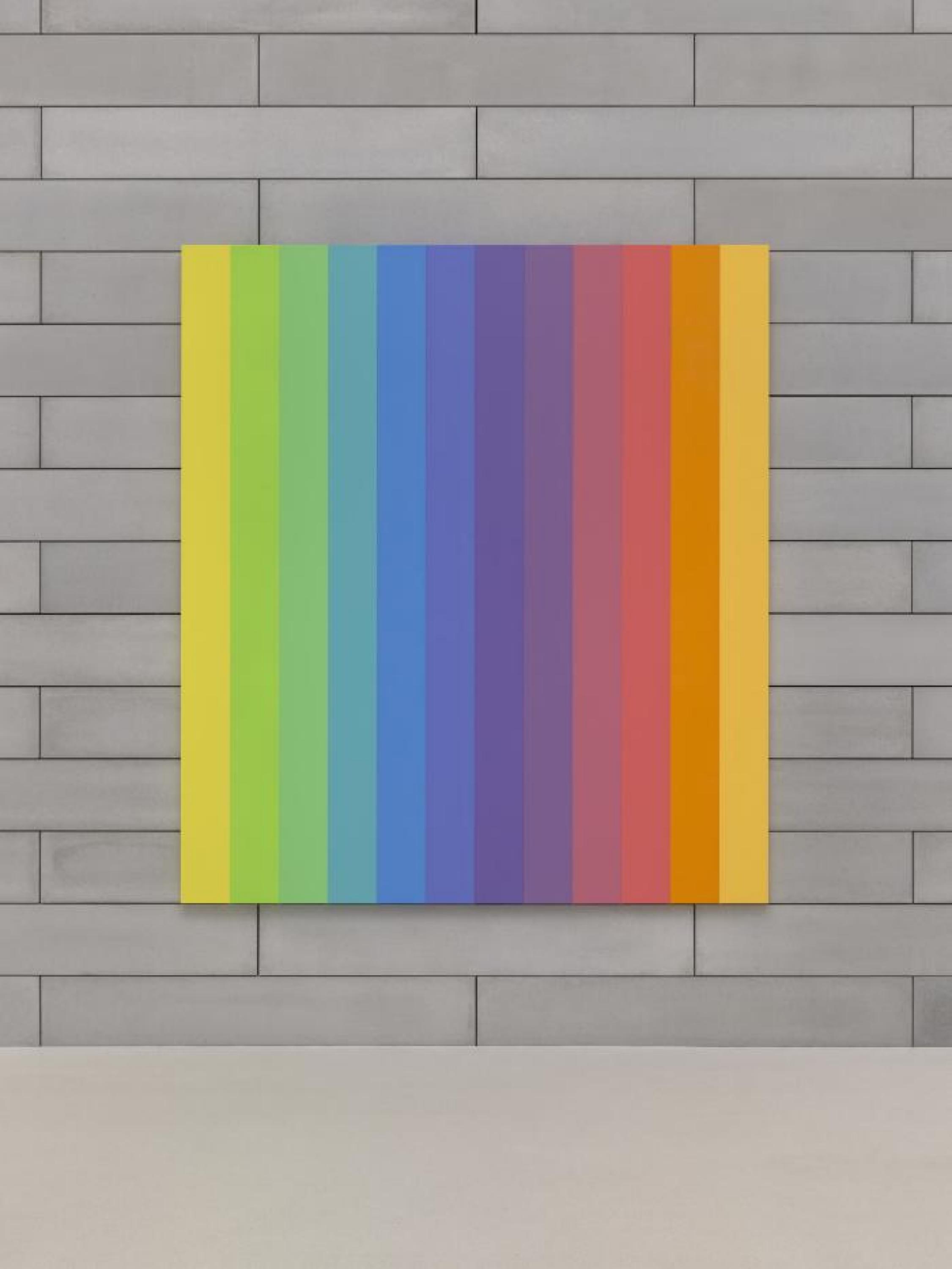 Twelve colorful panels form a painting with incrementally different shades of yellow, green, blue, purple, red, orange, and yellow again.