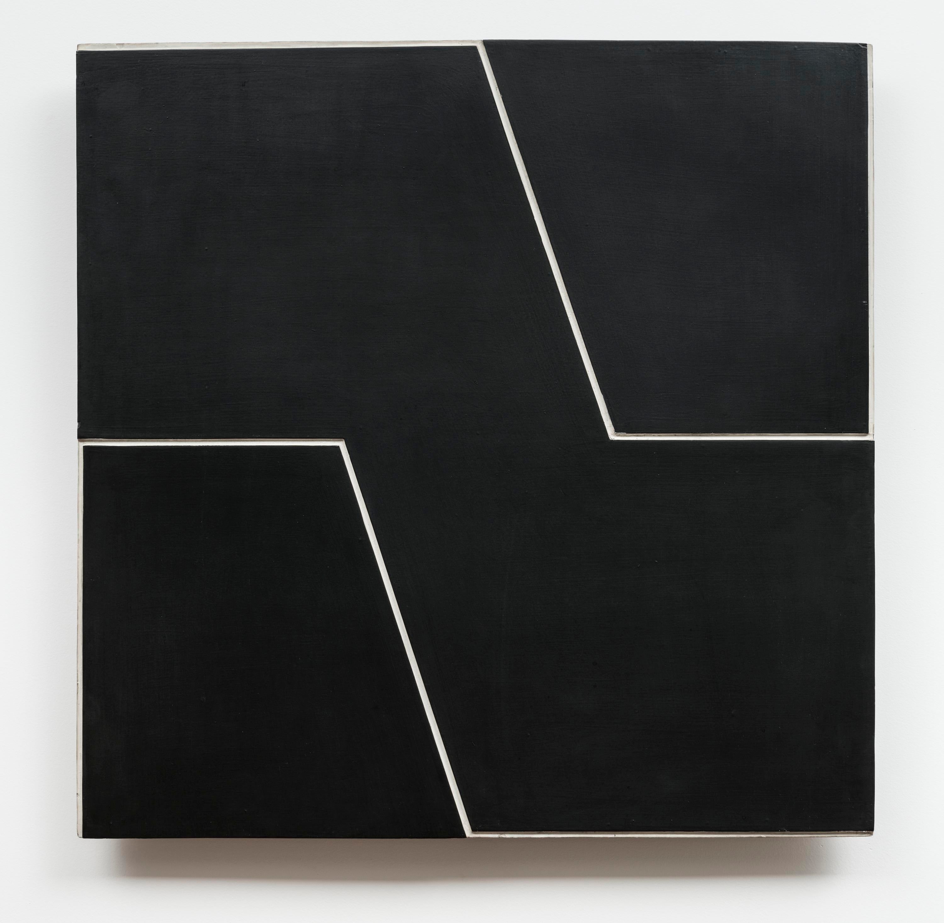 A dark gray square composition with two slash lines of white form an abstract zag.