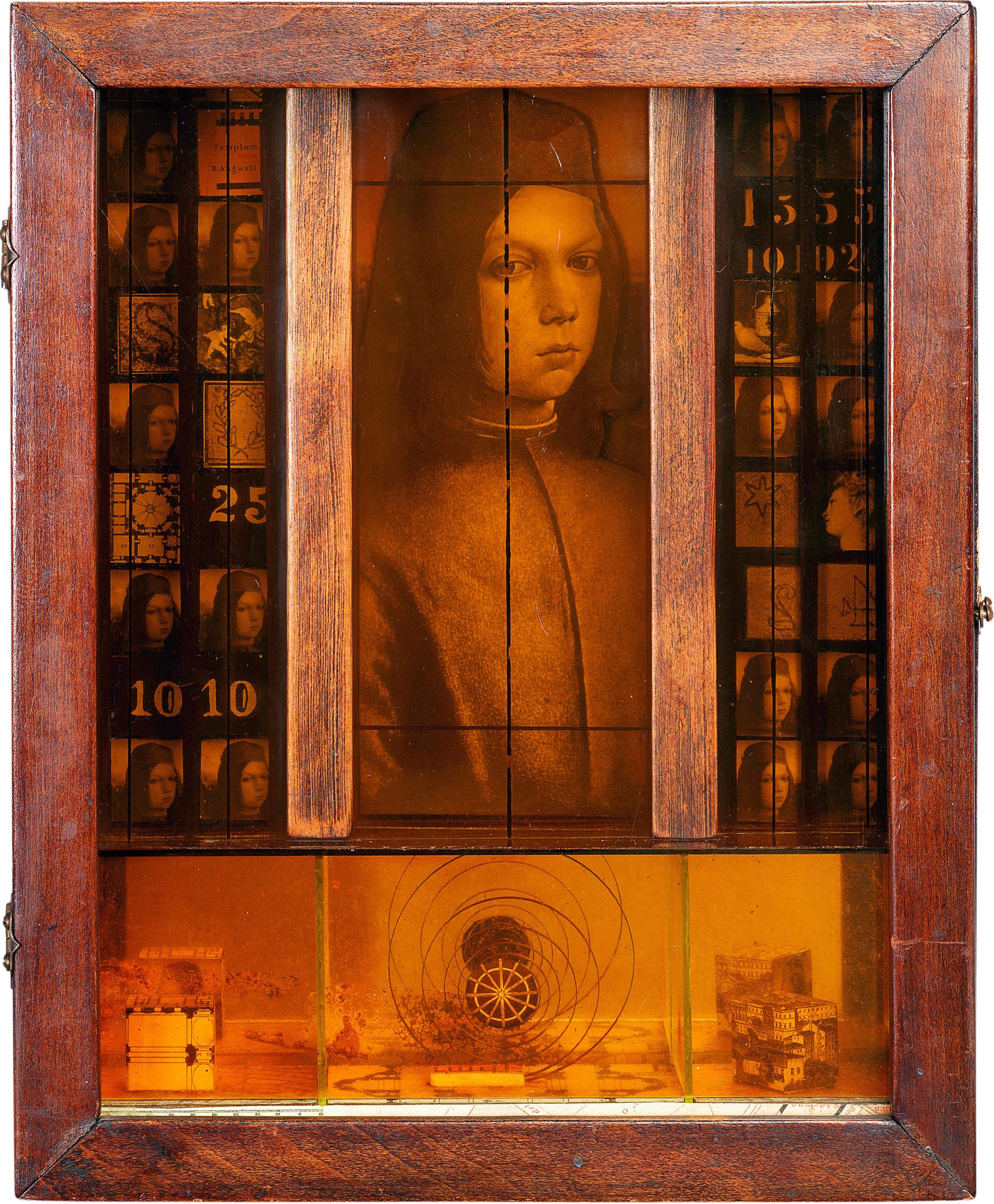 Tinted yellow, a portrait of a light-skinned boy is repeated in various sizes within a wooden shadow box with numbers and small objects in the lower third of the composition.