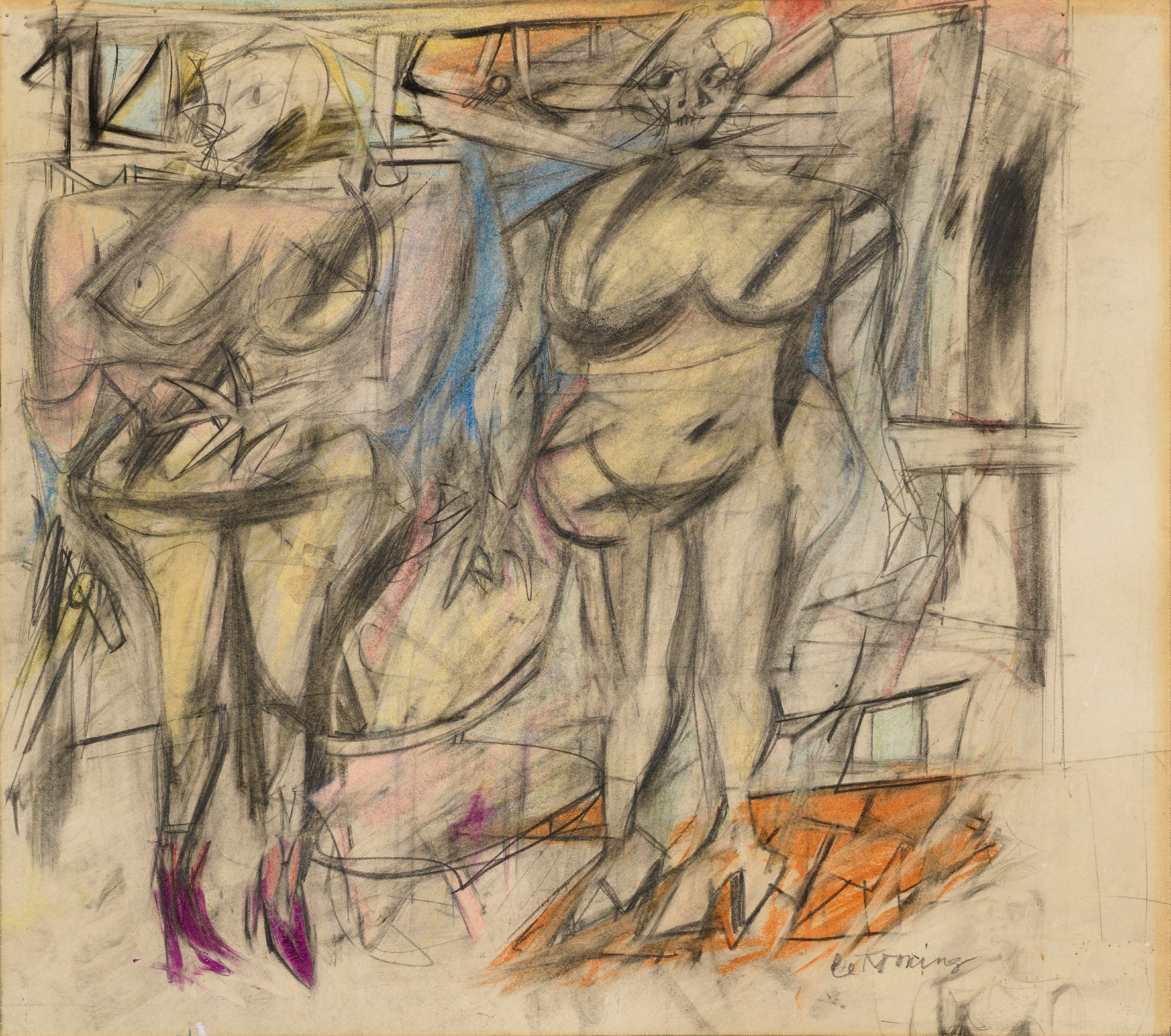 Two abstract women with rough and twisted bodies stand amid swirling colors and forms.