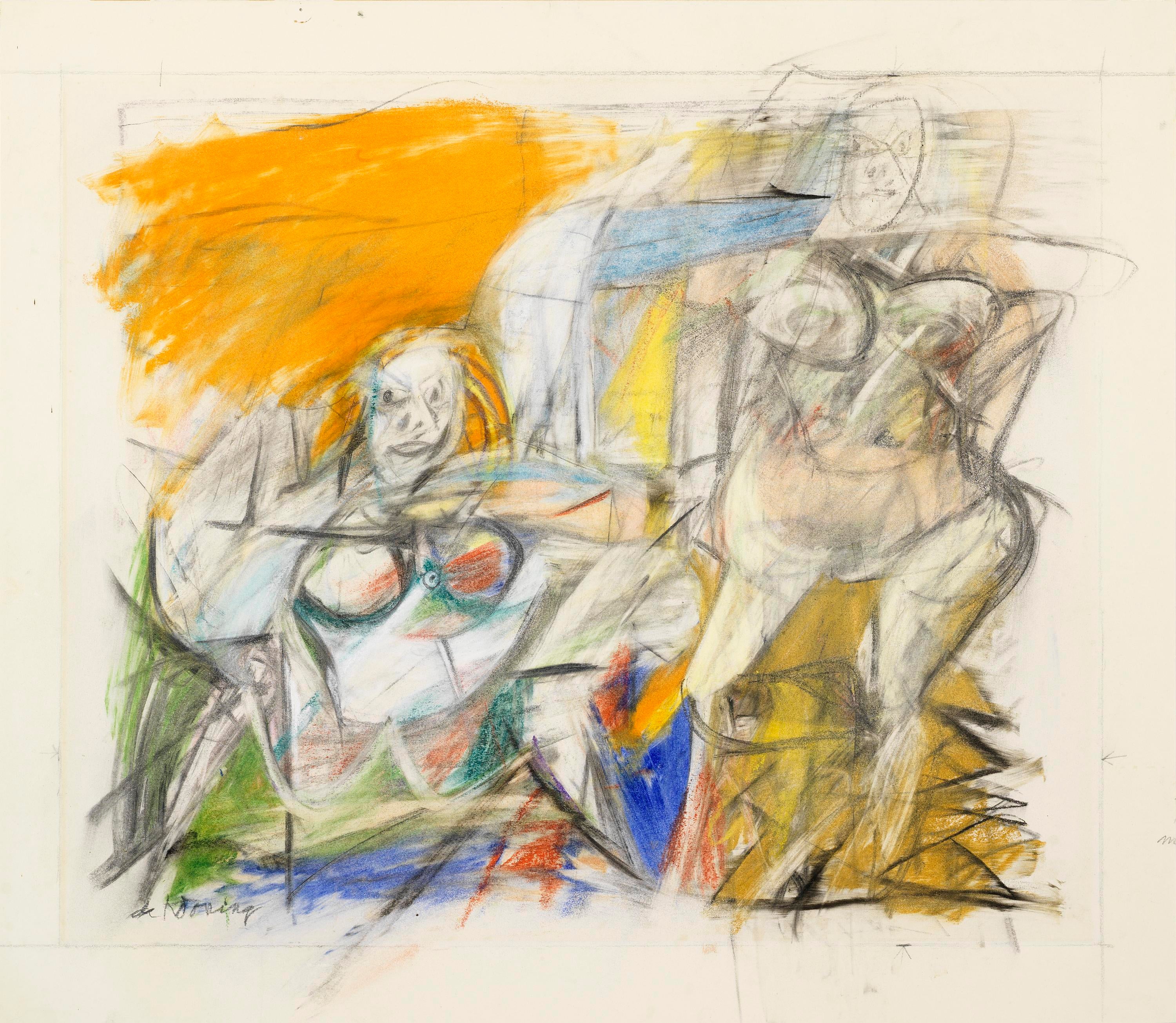 Two abstract, forward-facing human figures, one standing and one crouched. Signed by de Kooning. Pastel colors include orange, yellow, green and blue.
