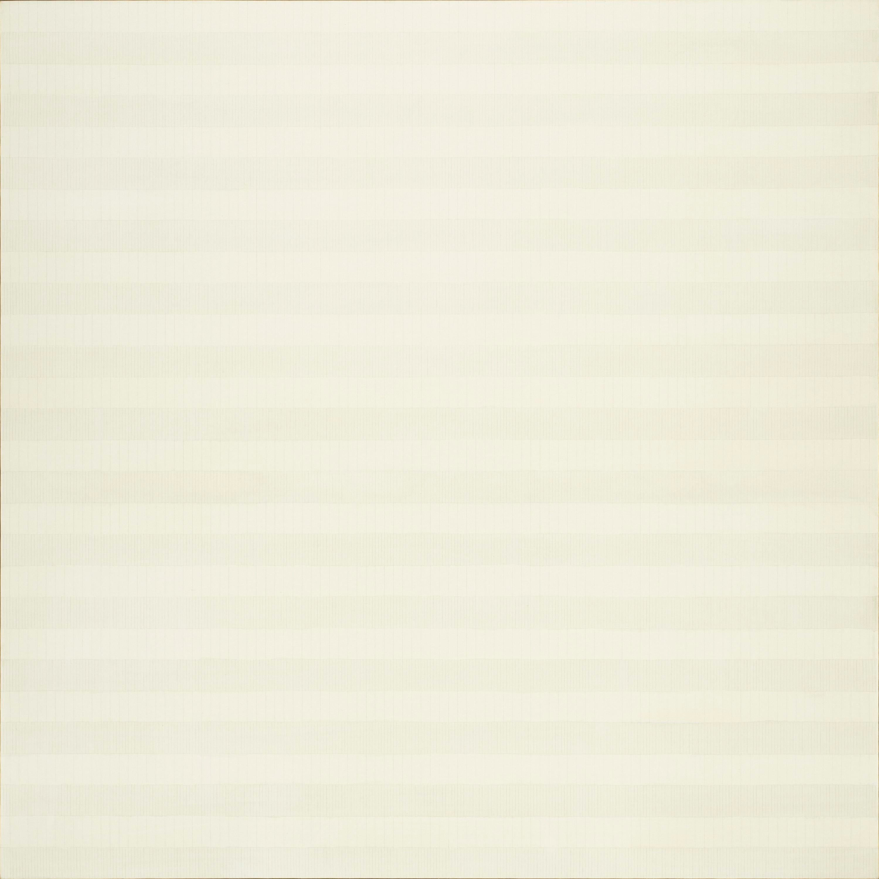 A square canvas is painted off-white. There is a subtle horizontal striped pattern across the entire painting. Up-close the painting is covering in small graphite lines.