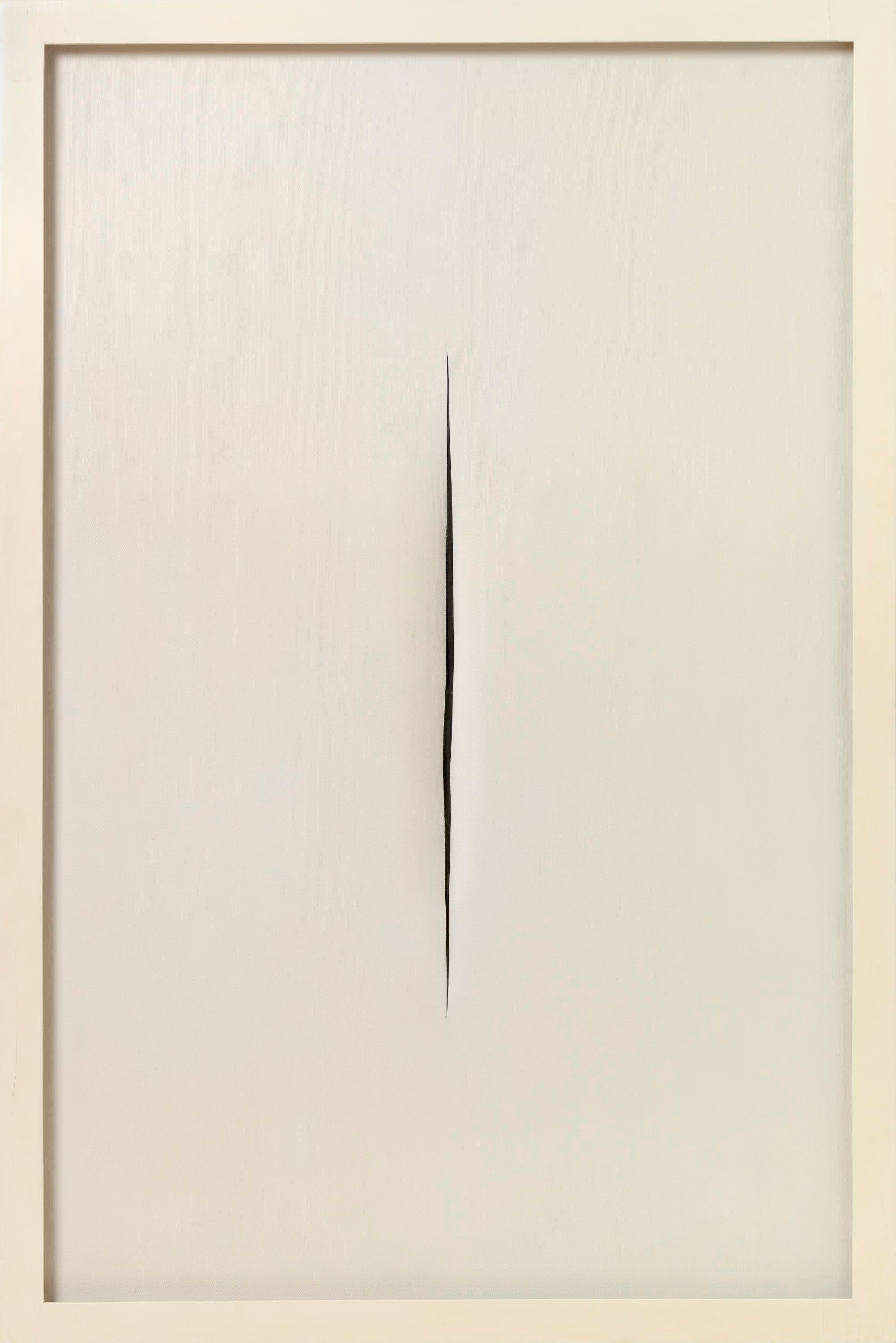 A rectangular canvas is painted off-white. It is slashed vertically in the middle.