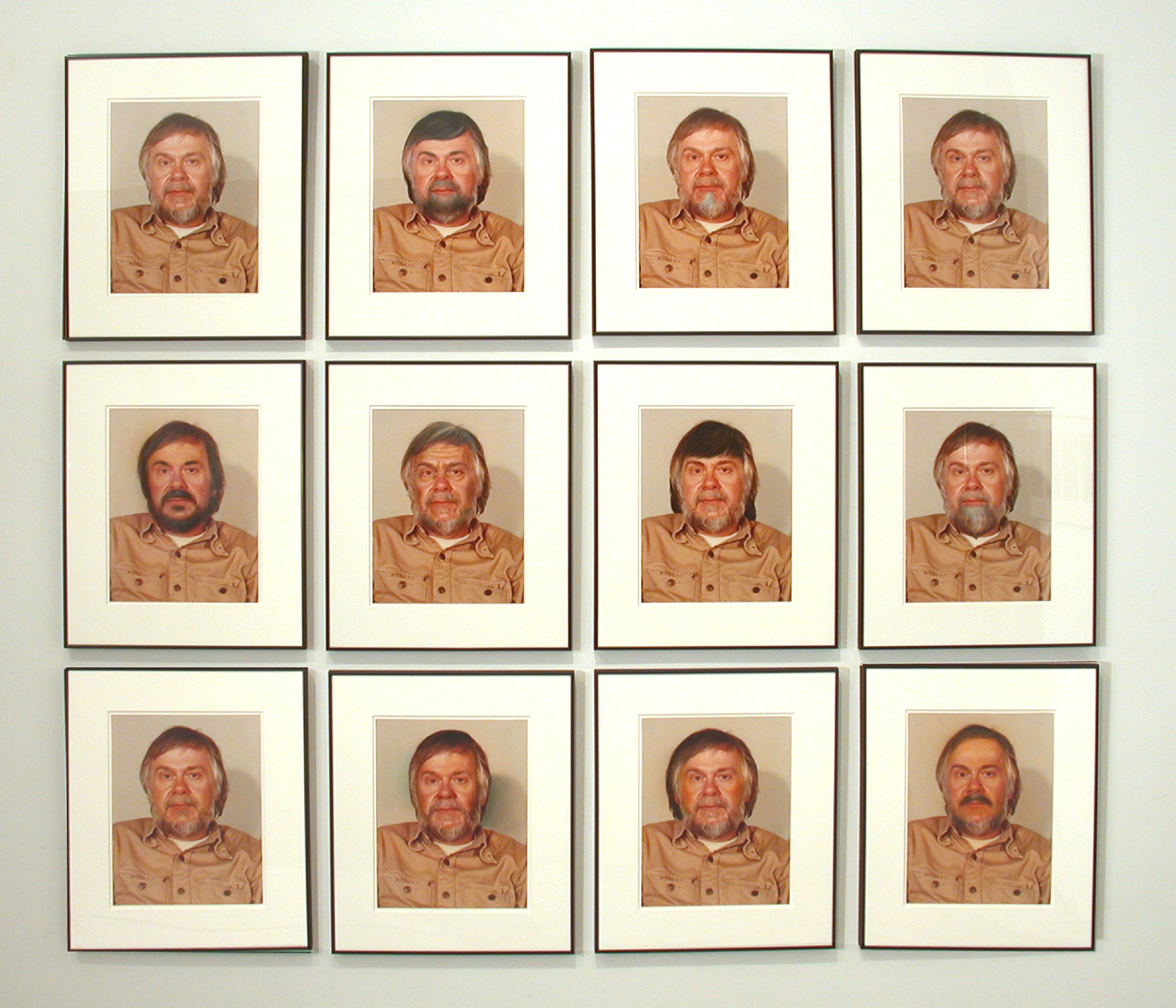 Three rows of four photographs each showing the artist in a khaki shirt. The artist has altered his image in each photograph by lengthening or darkening his hair and beard, shifting his hairline, or increasing the contrast between his eyebrows and skin.