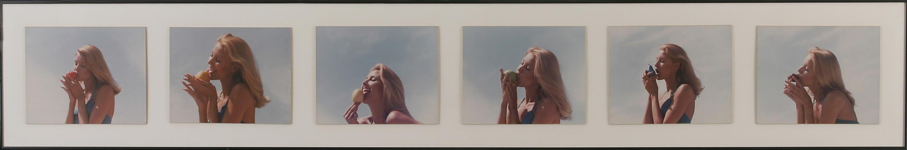 Six photographs arranged horizontally showing a blonde woman sensually kissing different fruits against a pale blue sky. The fruits from left to right are a peach, orange, lemon, green apple, pear, and strawberry.