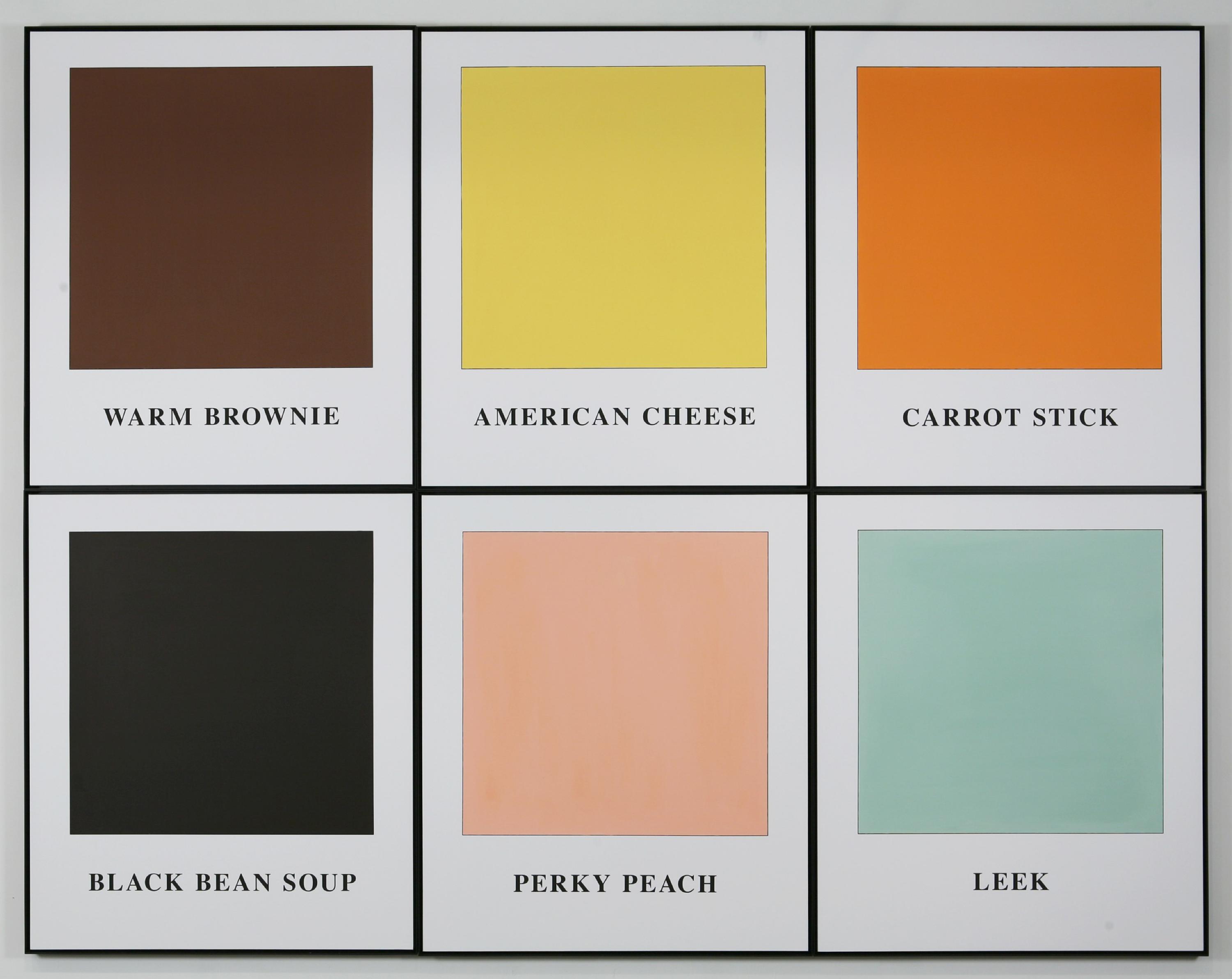 A grid of six squares of matte color, each labeled with a corresponding food. From the top left, a brown square labeled "Warm Brownie," a solid yellow labeled "American Cheese," a vibrant orange labeled "Carrot Stick," a dusty black labeled "Black Bean Soup," a pale pink-orange labeled "Perky Peach," and a pale green labeled "Leek."