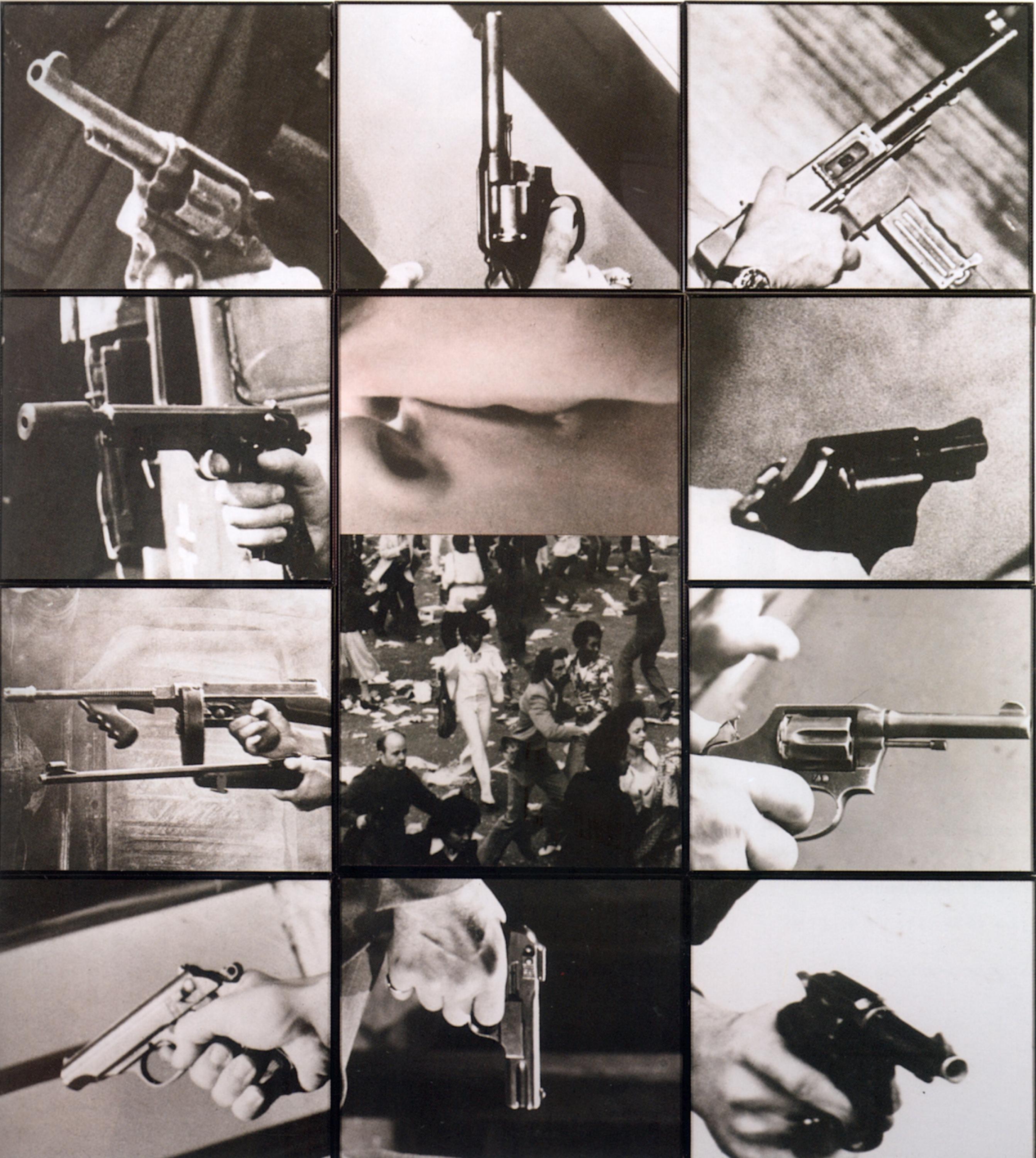 Arranged in a grid, cropped black and white photographs of guns aim outwards. In the center are two black and white photographs: a close-up kiss and a riot.