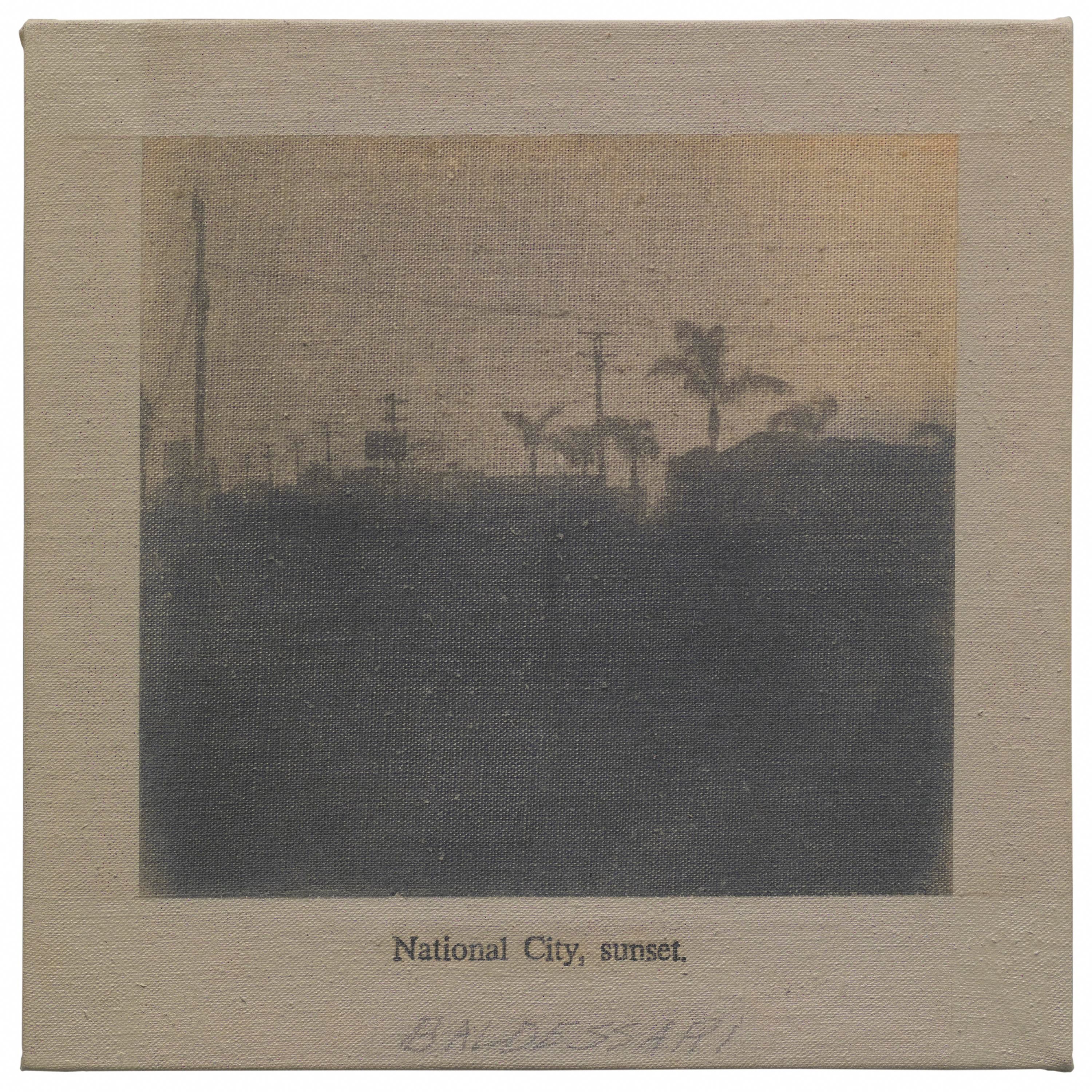 An unframed square canvas depicting a dark streetview photograph. Text in the lower margin reads "National City, sunset." and handwritten below this is "BALDESSARI".