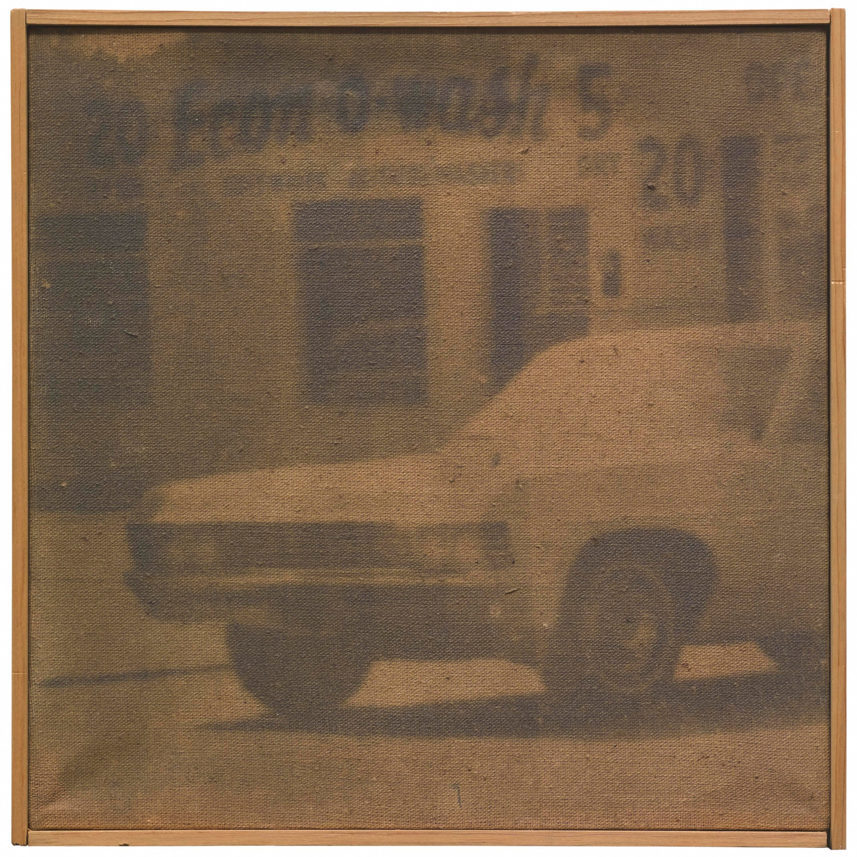 A framed square canvas hazily depicting the front portion of a midcentury car. In the background are blurry advertisements for a carwash and a building.