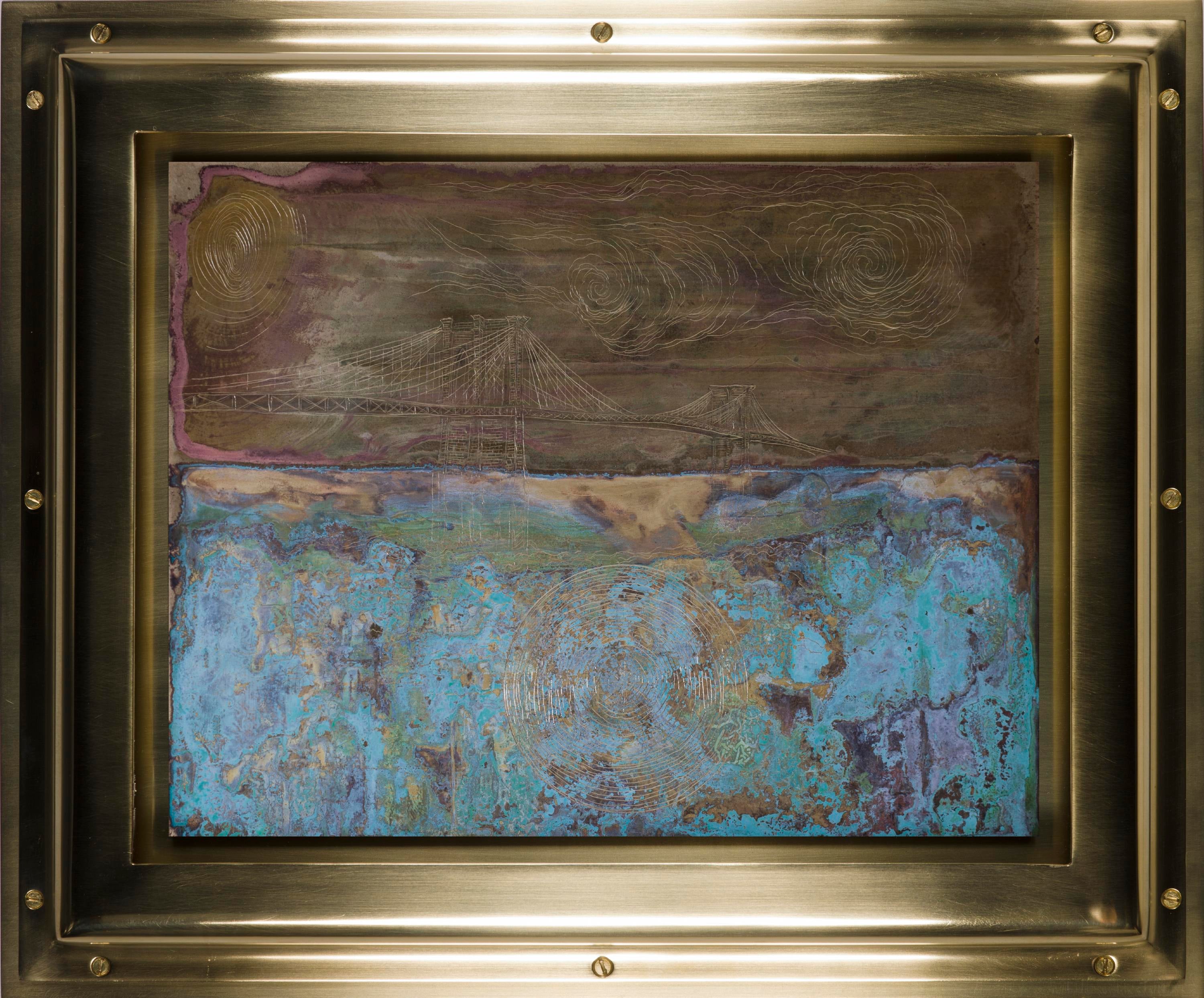 An engraved-metal scene over a swirling blue-green metal. The top half shows a bridge under clouds and the bottom half shows blue-green colors.