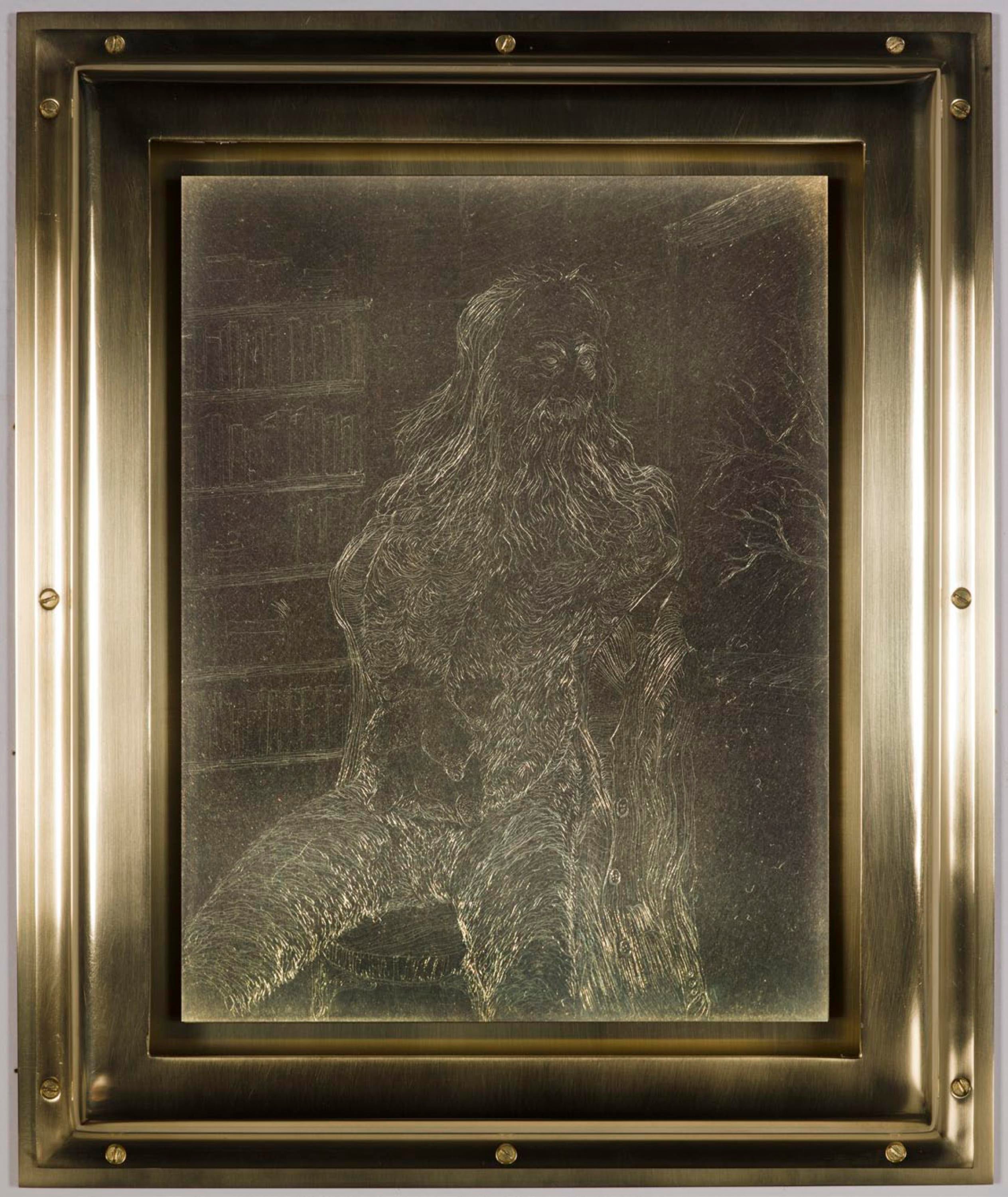 An engraved metal portrait of an older, hairy man with a large beard who sits in front of a bookshelf.