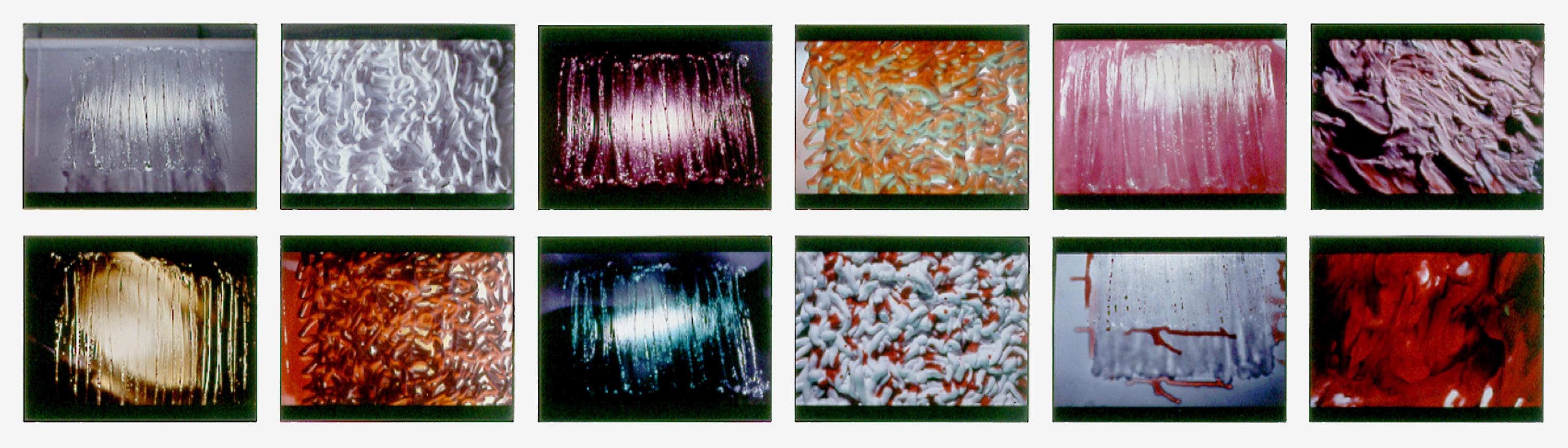 Composición rectangular de 12 imágenes abstractas coloridas e indefinidas que exhiben textura, dinamismo y reflejos.