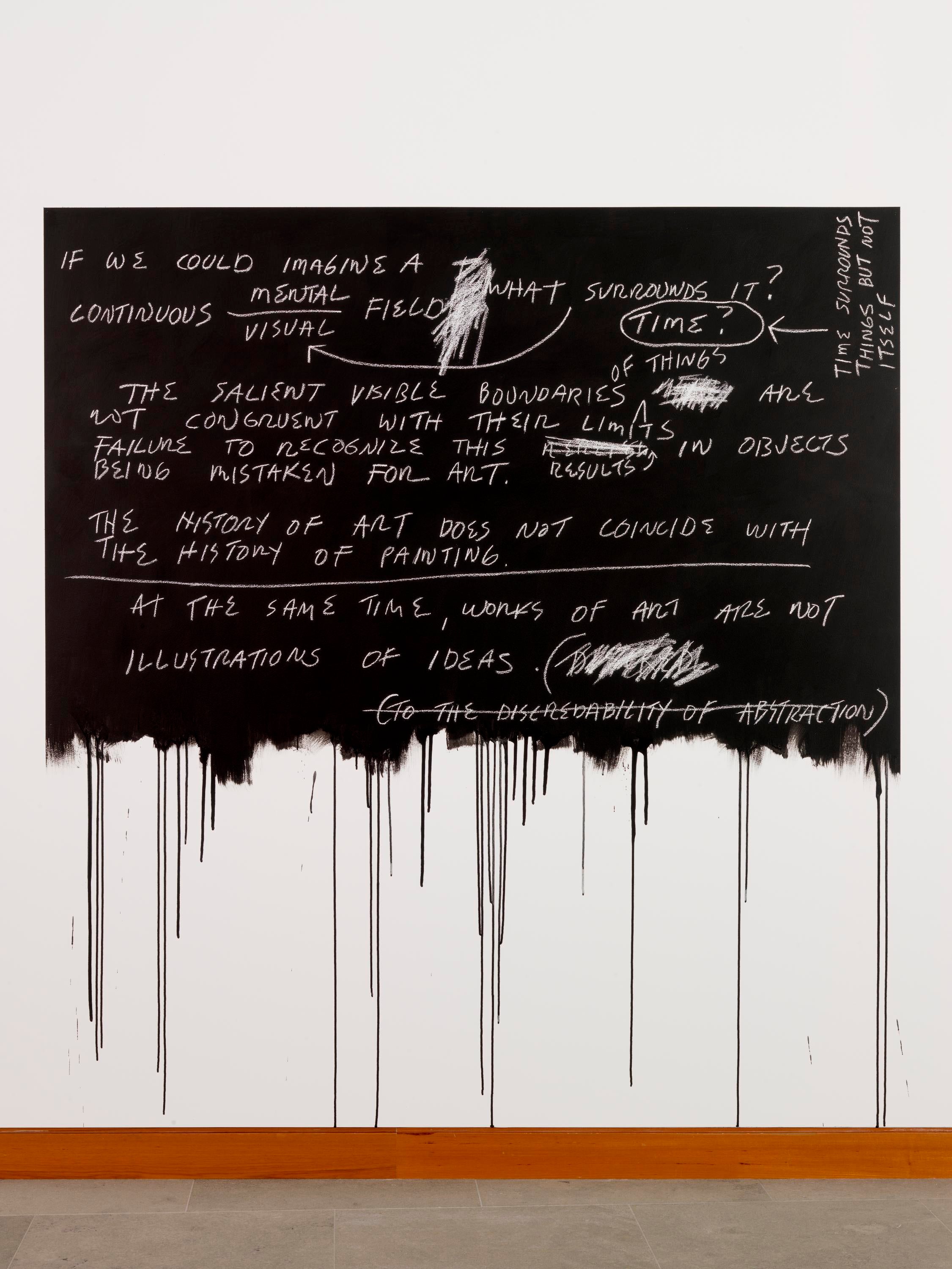 Un campo rectangular negro pintado en una pared con un fondo irregular y salpicaduras. Preguntas y declaraciones en blanco escritas con tiza sobre el campo negro.