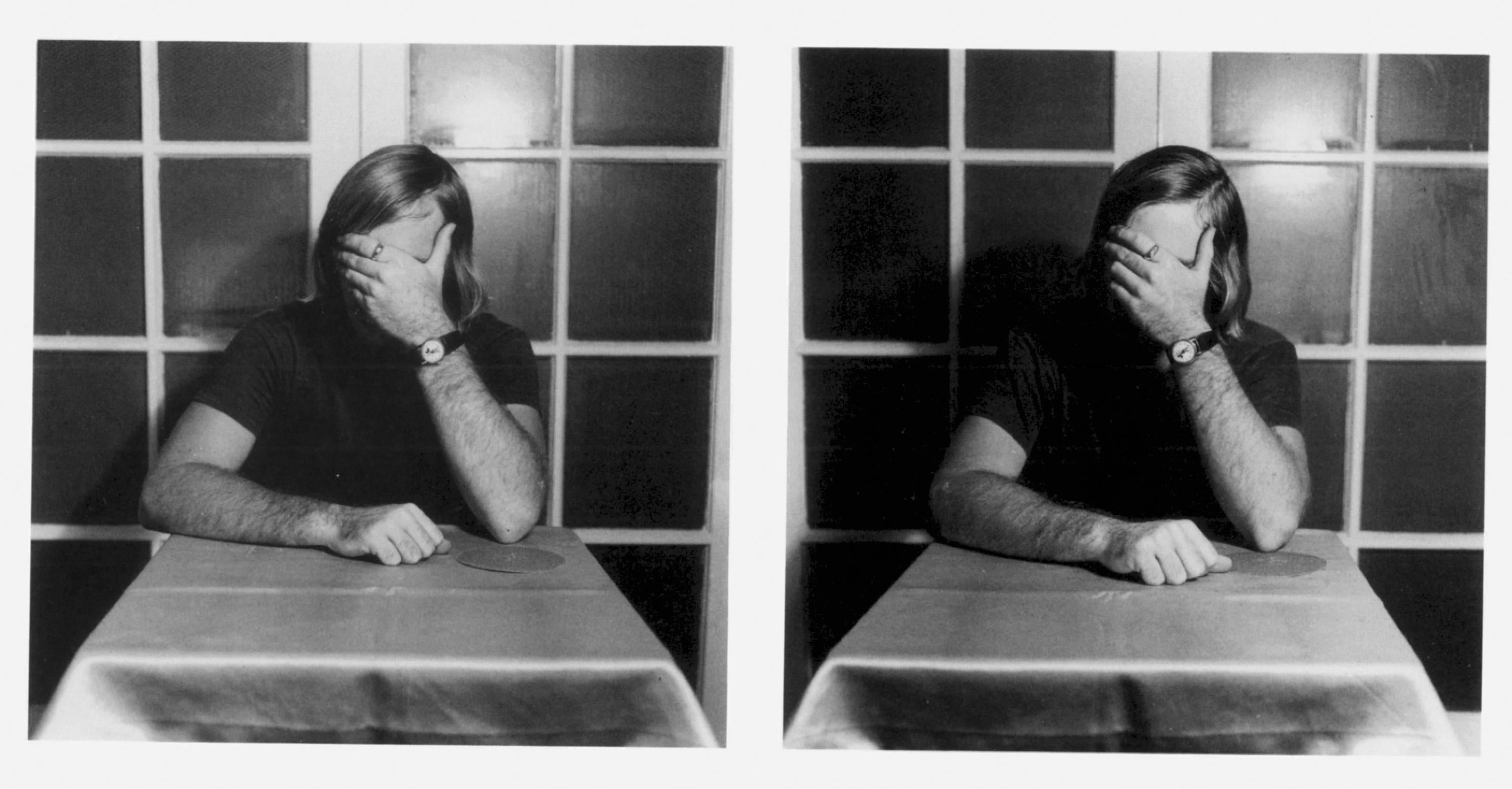 Two photographs side by side depict a man with one hand over his face and slight differences.