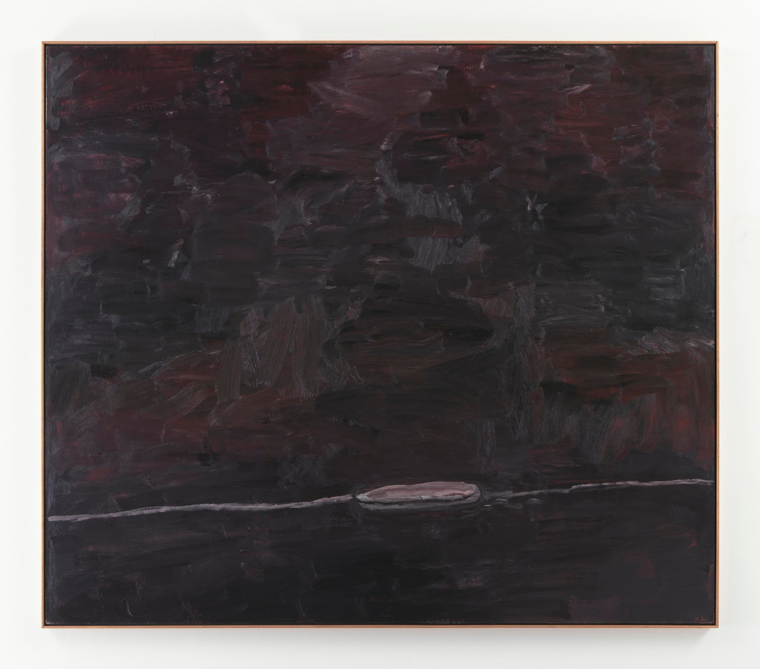 A largely black painting with a small white stripe hangs on a wall.