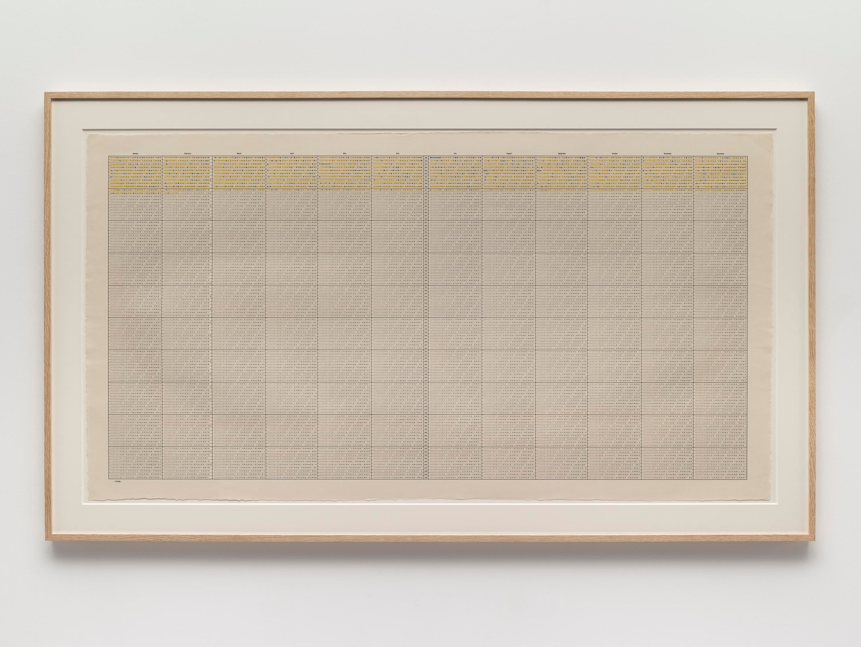 Cuadrícula de texto en tinta amarilla, azul y negra sobre papel blanquecino con marco de madera clara.