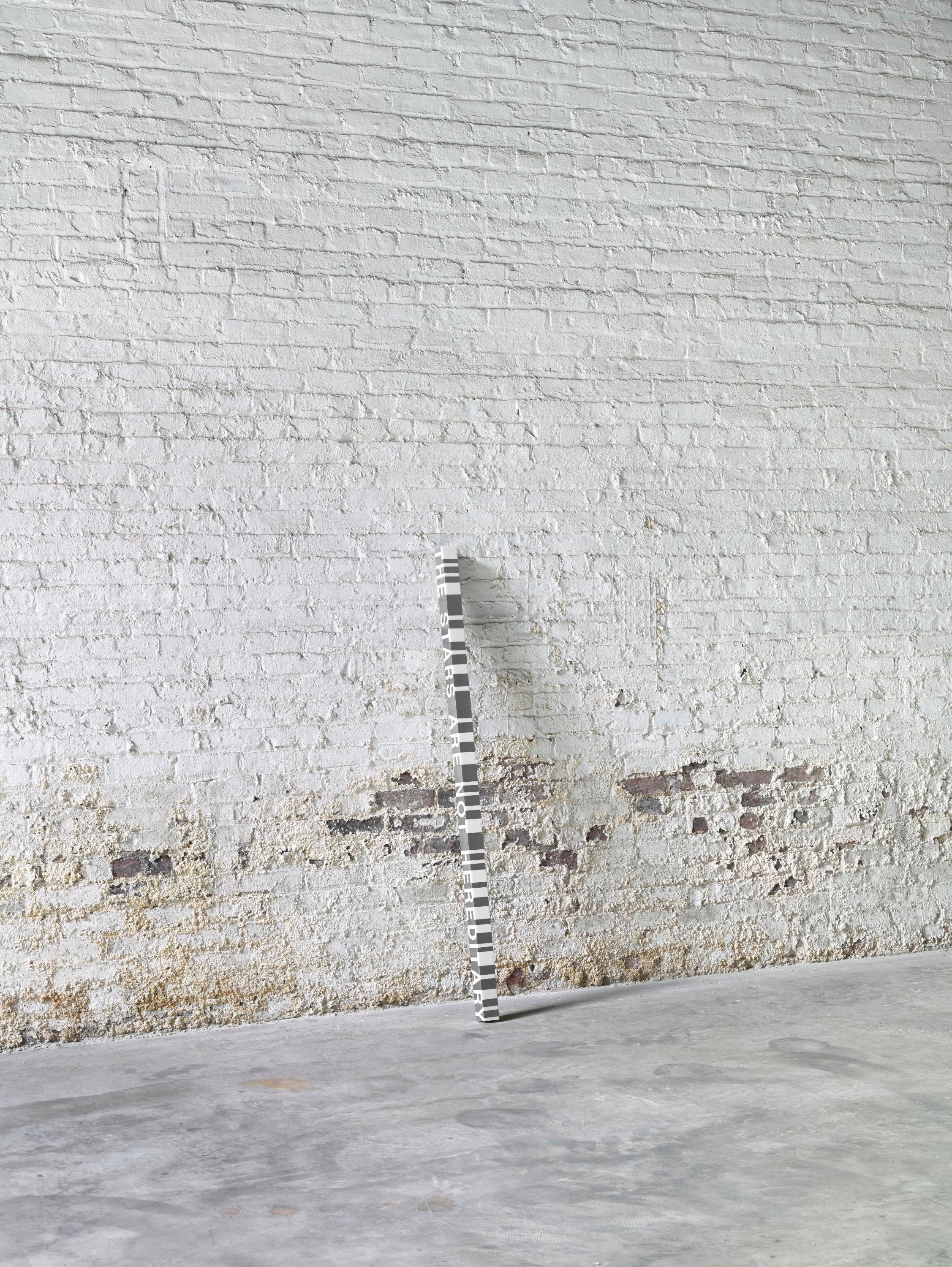 A clear column with THE STARS ARE NOT HEREDITARY written inside leaning on a wall.