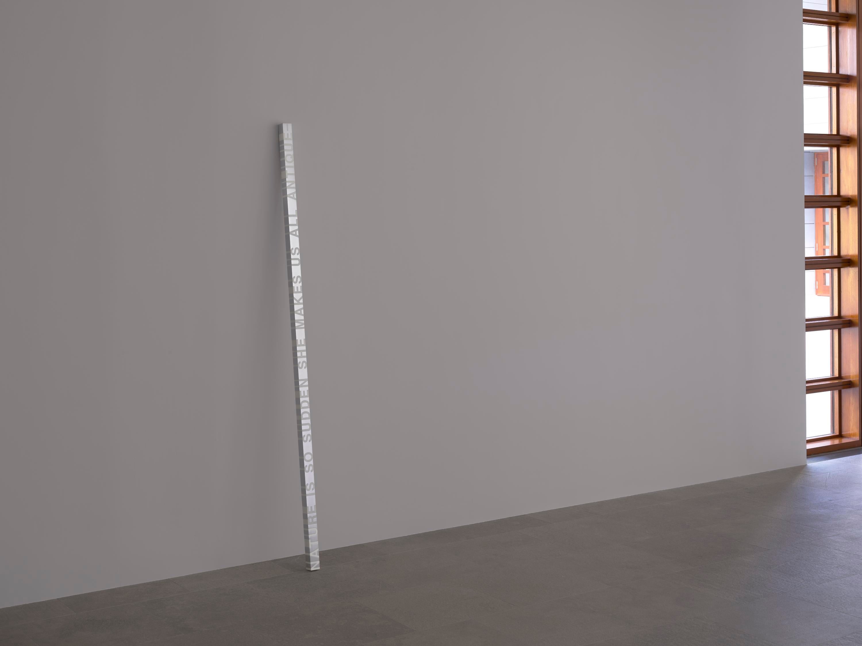 A clear column with NATURE IS SO SUDDEN SHE MAKES US ALL ANTIQUE written inside leaning on a wall.