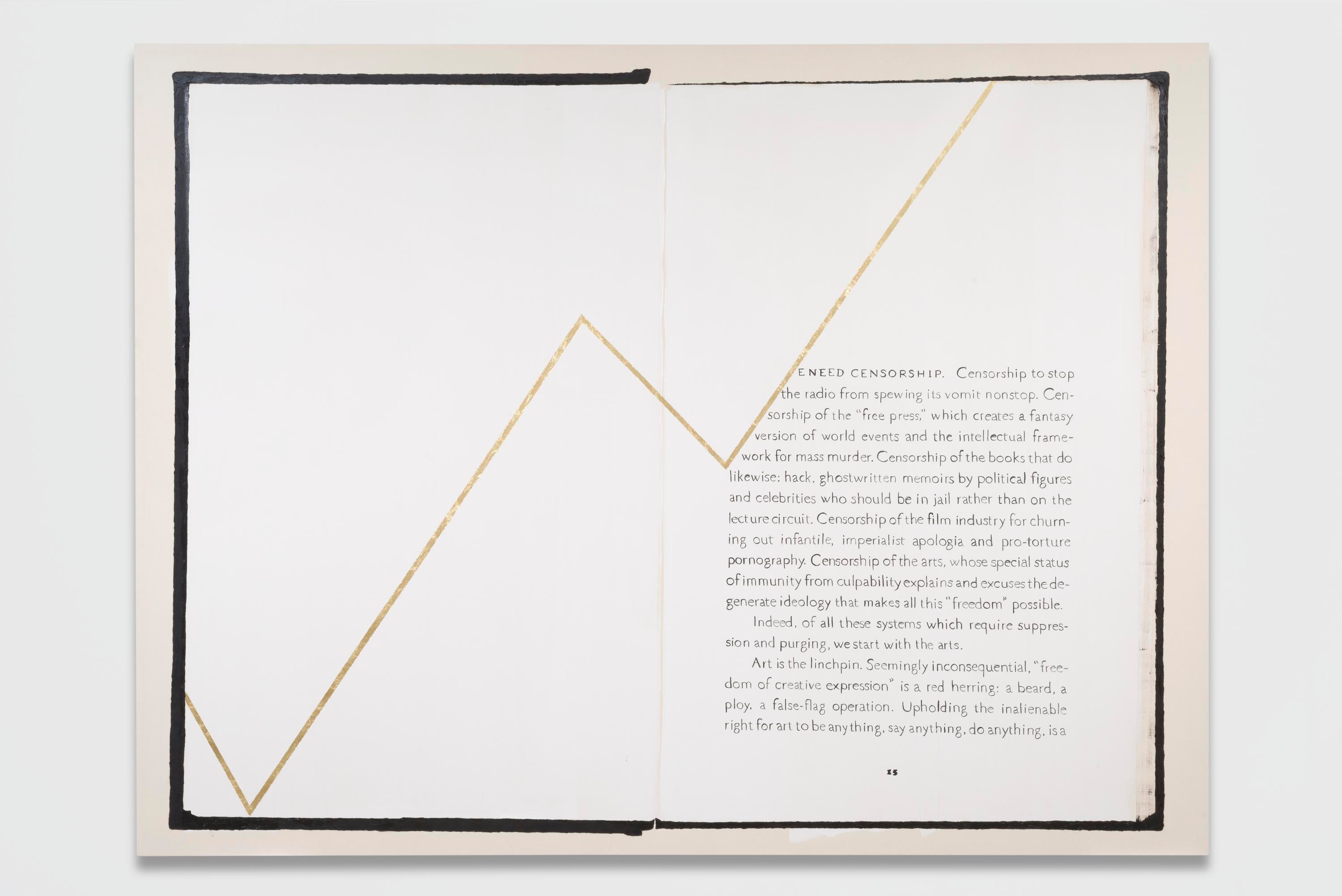 A large painting of an open book hangs on the wall. A gilded jagged line runs from the lower left to the upper right of the painting.