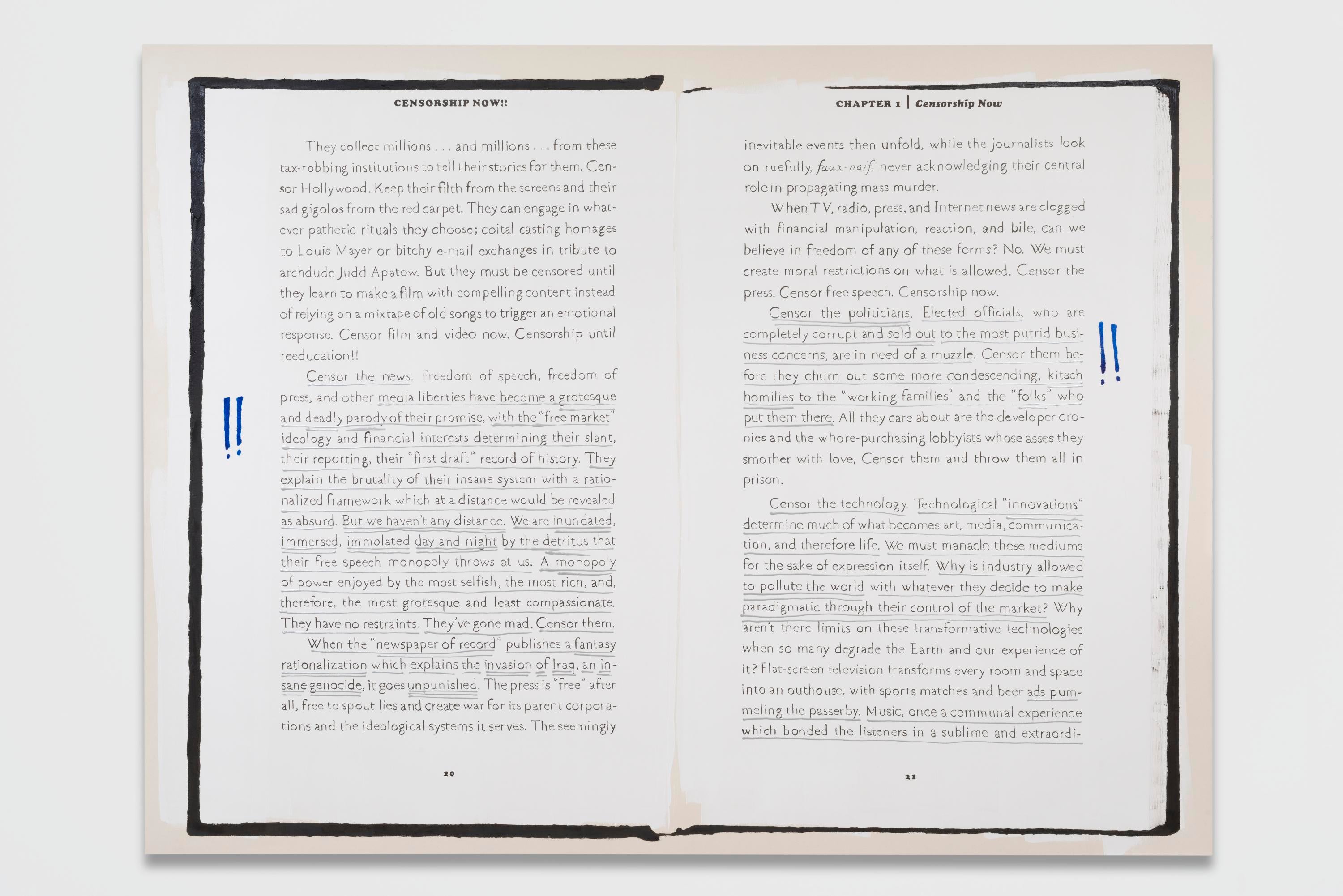 A painting of a book hangs on a wall.