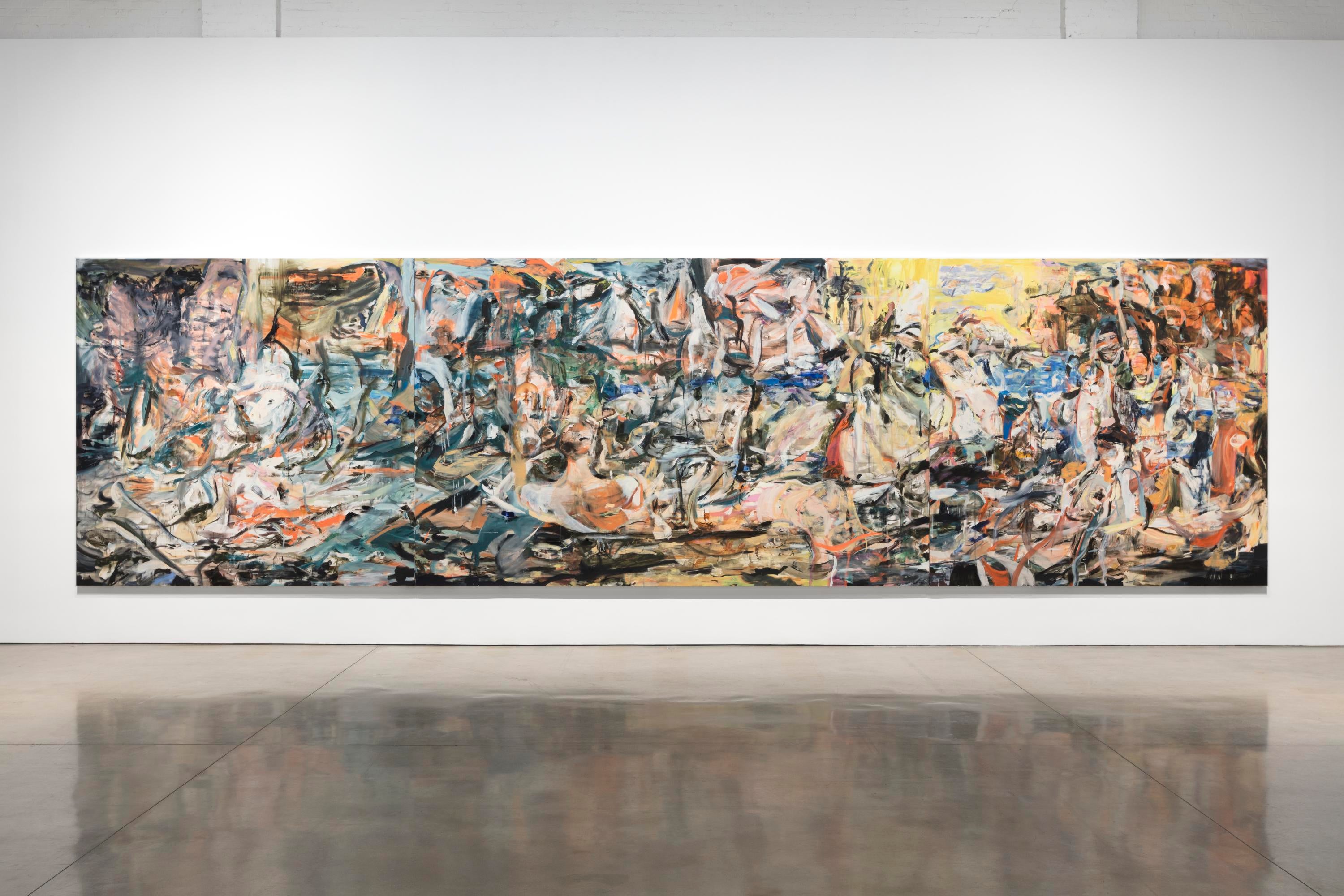 A large and colorful abstract painting hangs on a white wall.