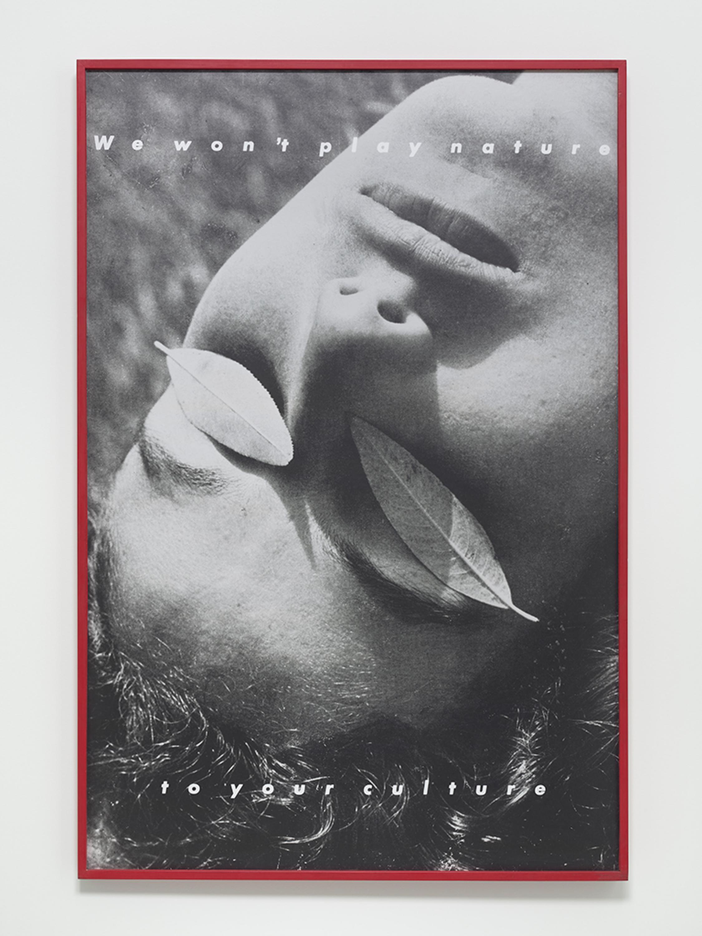 Red framed black and white photo of a person with leaves covering their eyes and white text reading We won't play nature to your culture.