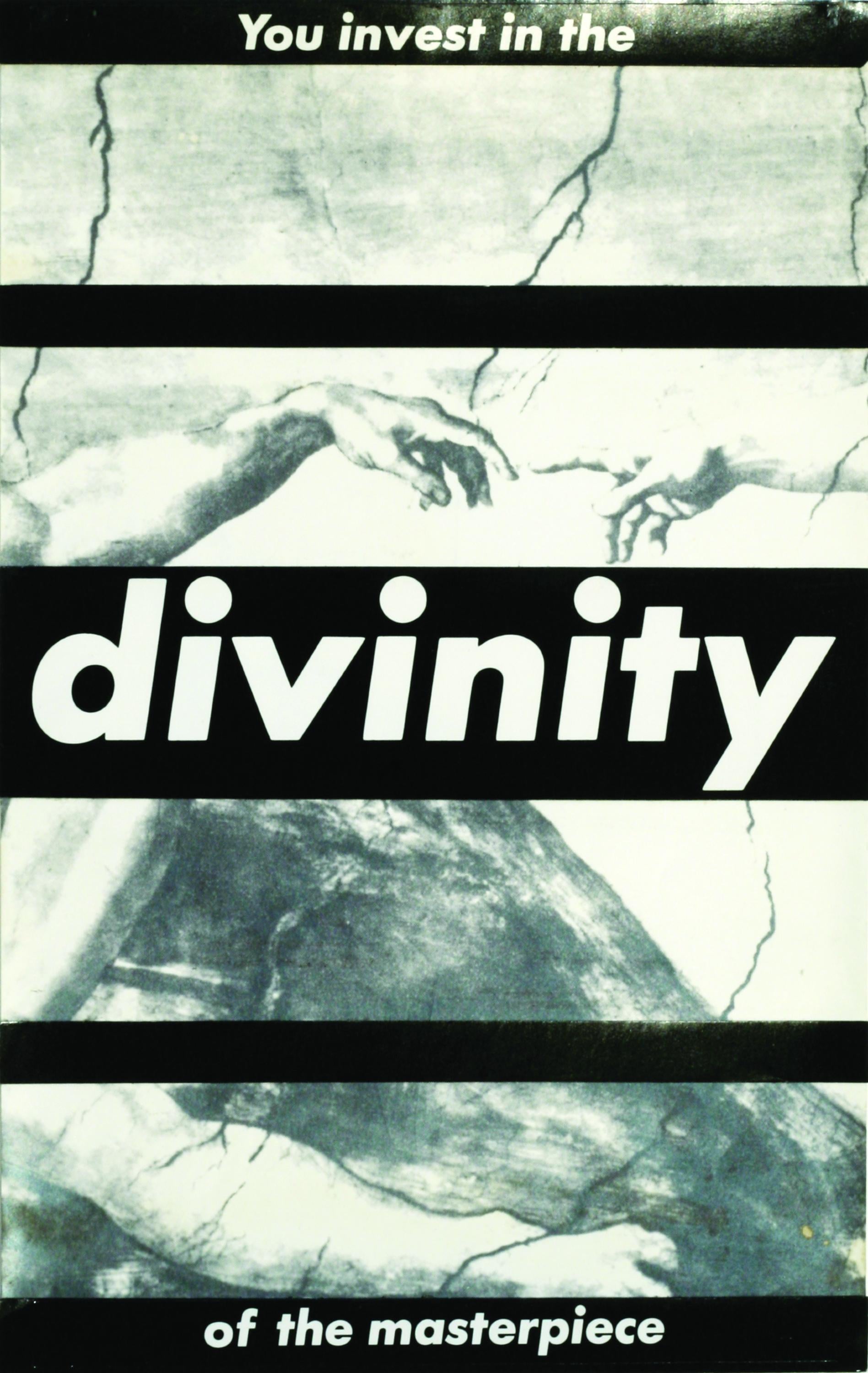 Text reading "You invest in the divinity of the masterpiece" is superimposed over a detail of the Sistene Chapel ceiling.