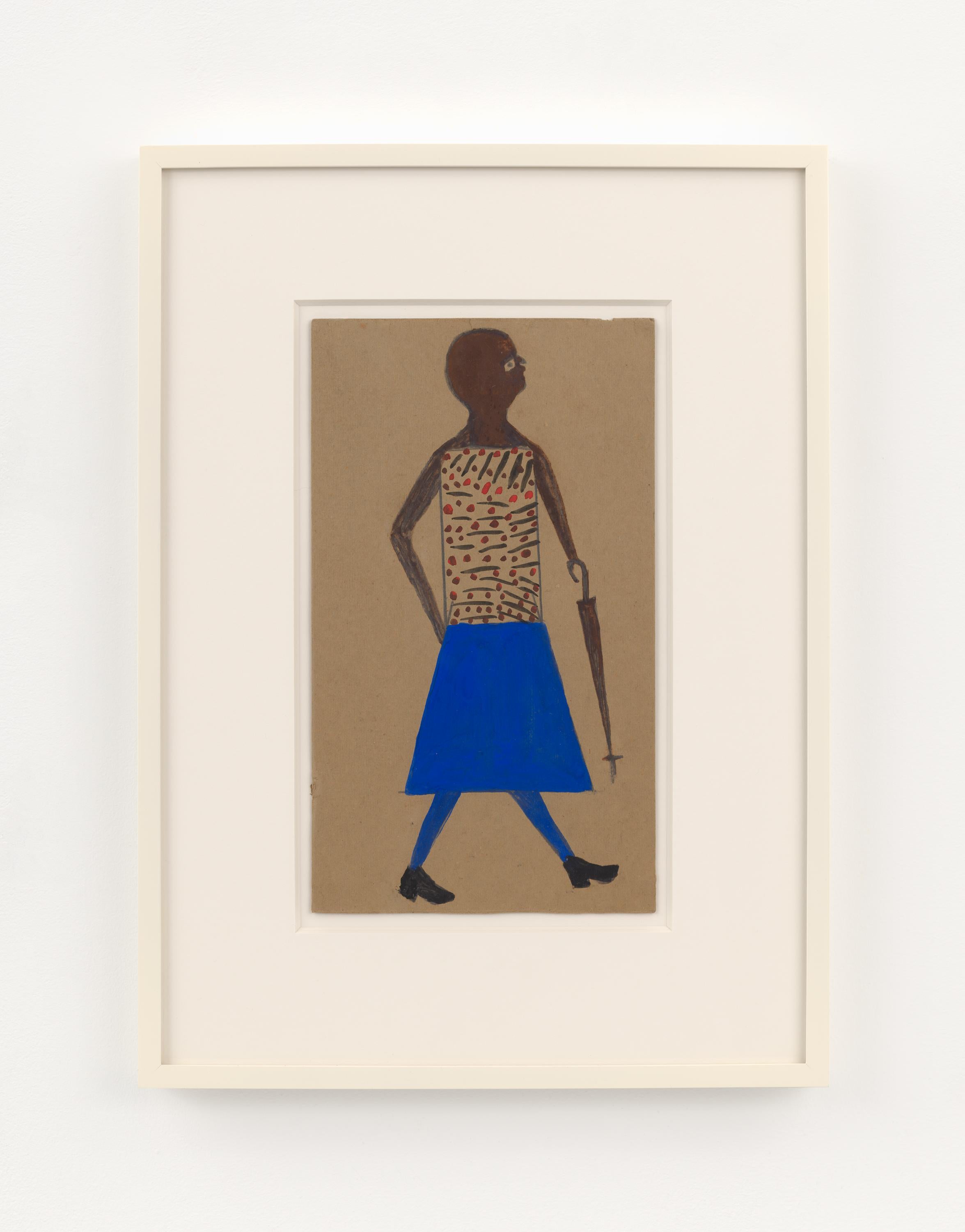 A drawing in ink on paper of a Black woman in a blue skirt.