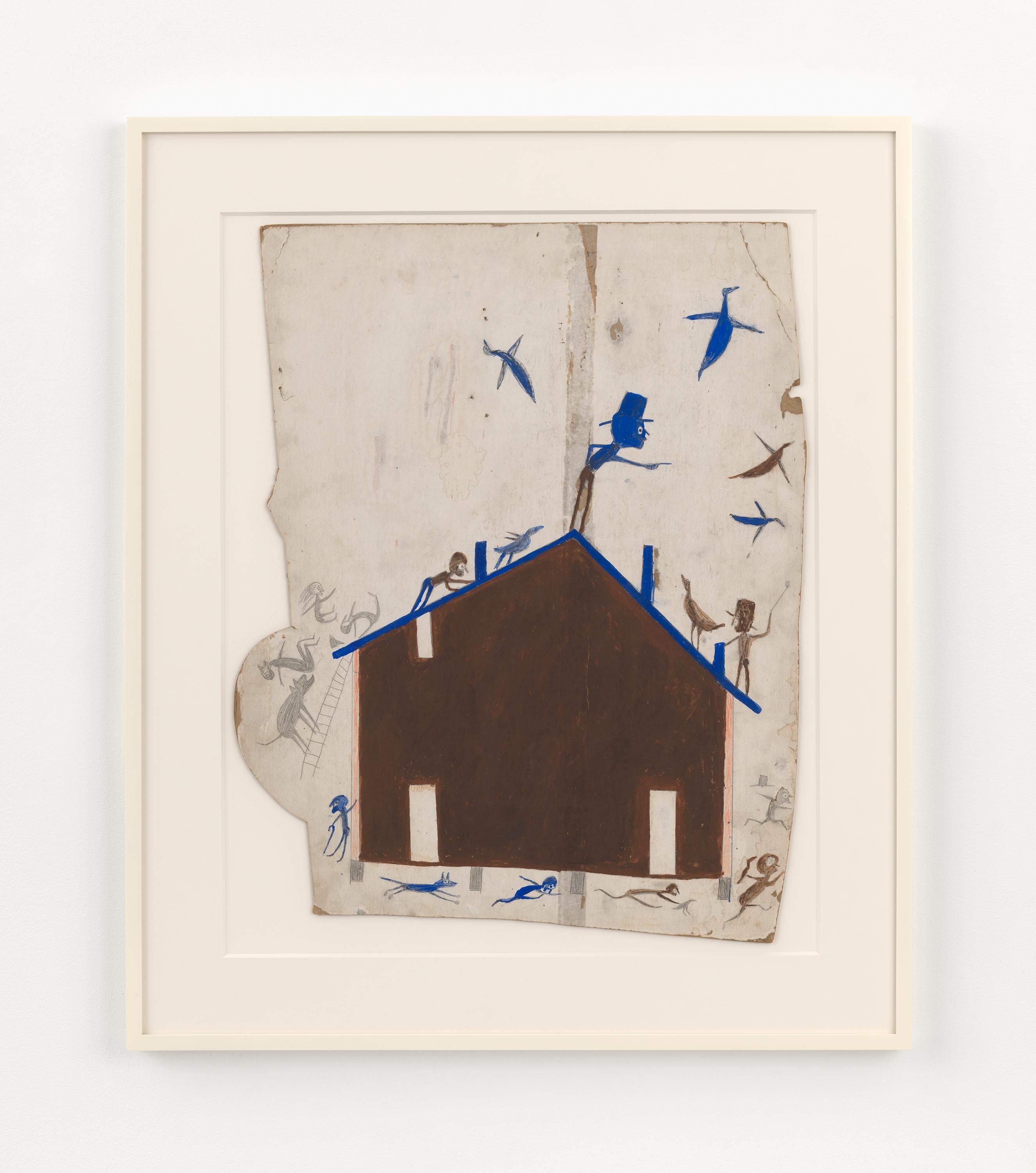 A drawing in paint on paper with a brown house and blue figures and birds.