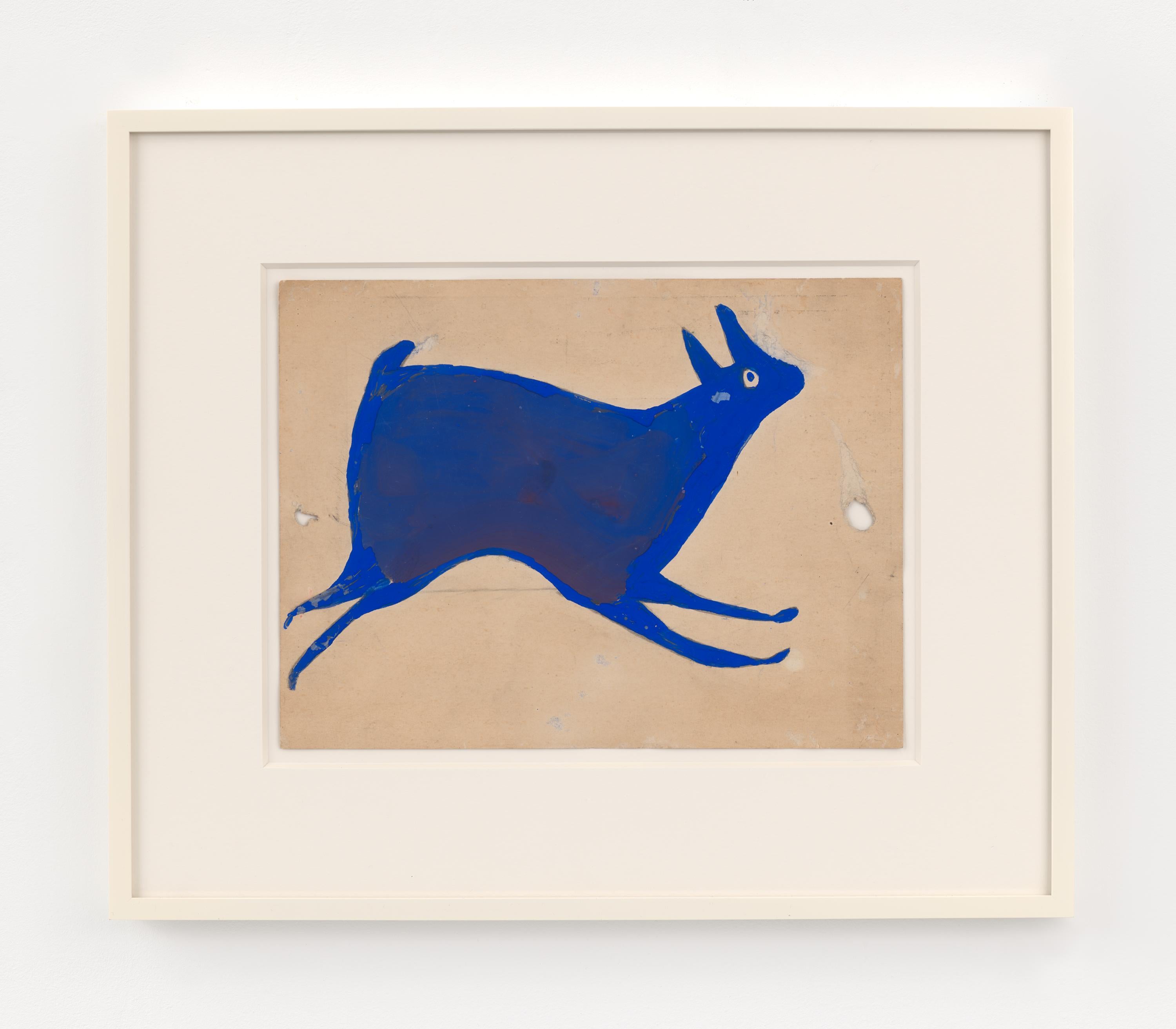 A drawing in blue ink on paper of a rabbit running.