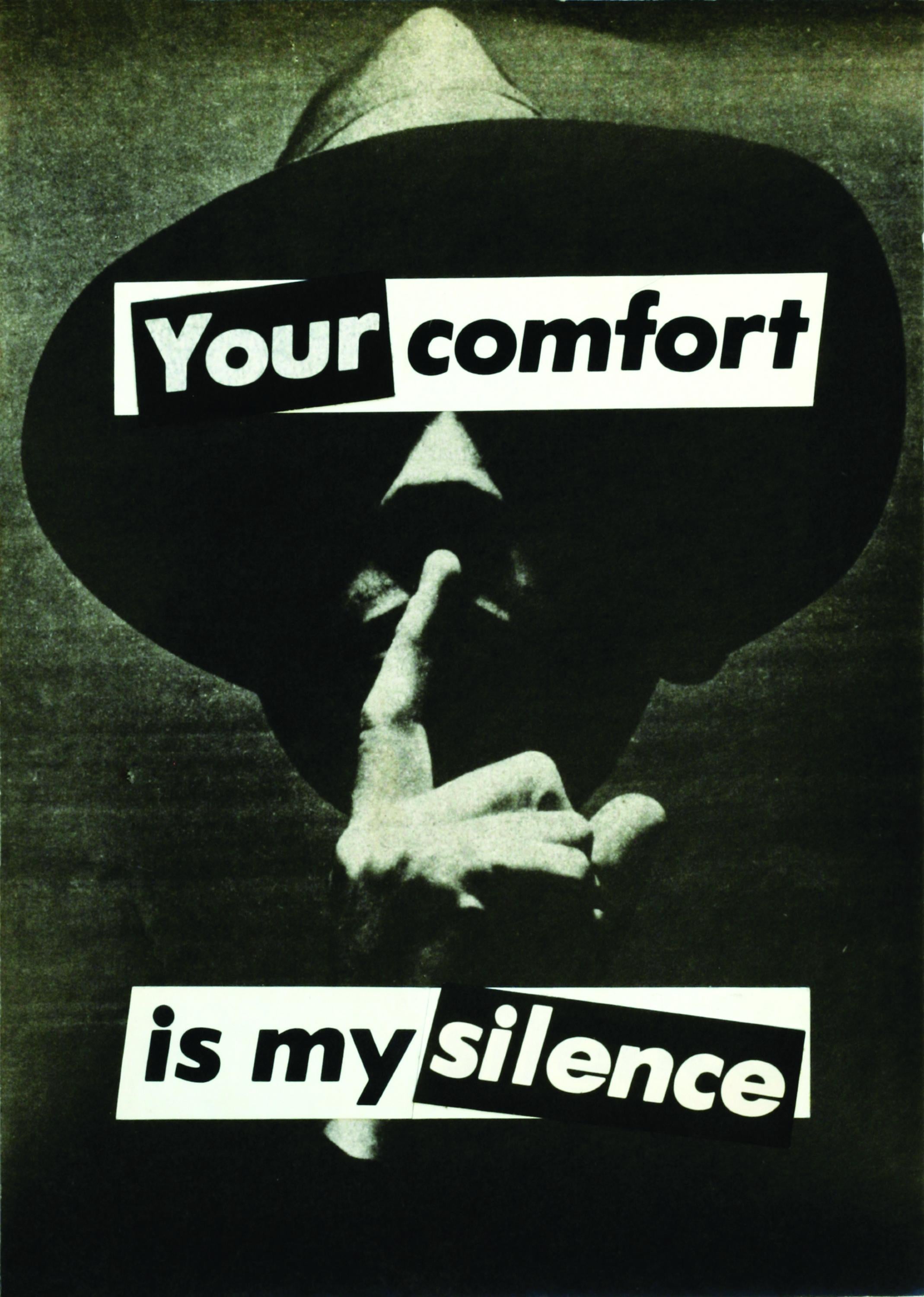 Text reading "Your comfort is my silence" is superimposed over an image of a man in a hat making a "shush" gesture.