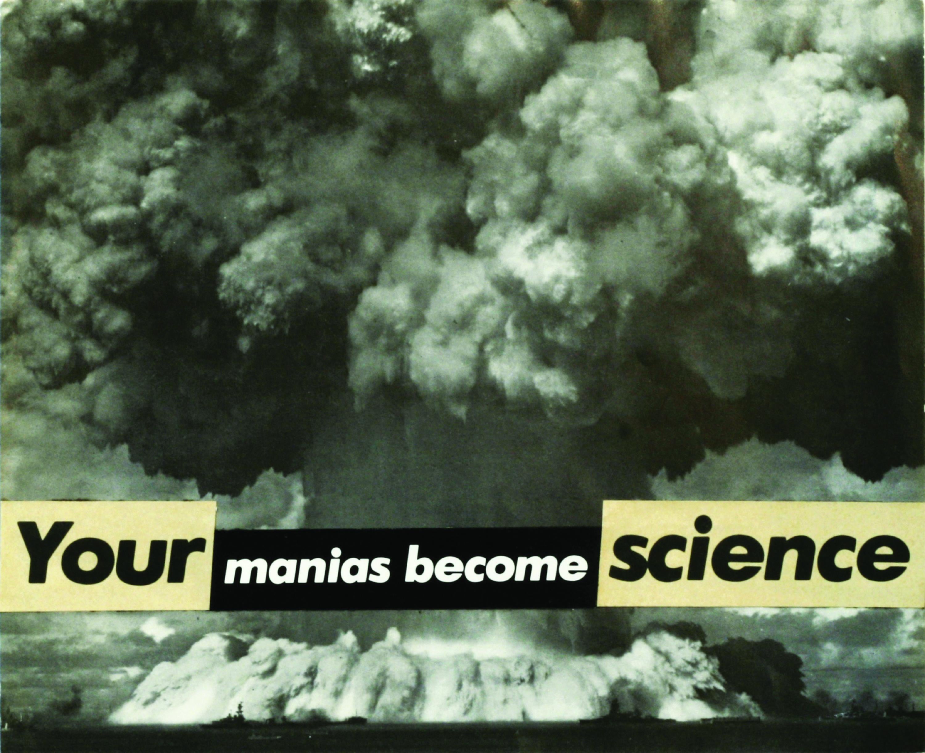 Text reading "Your manias become science" is superimposed over an erupting volcano.