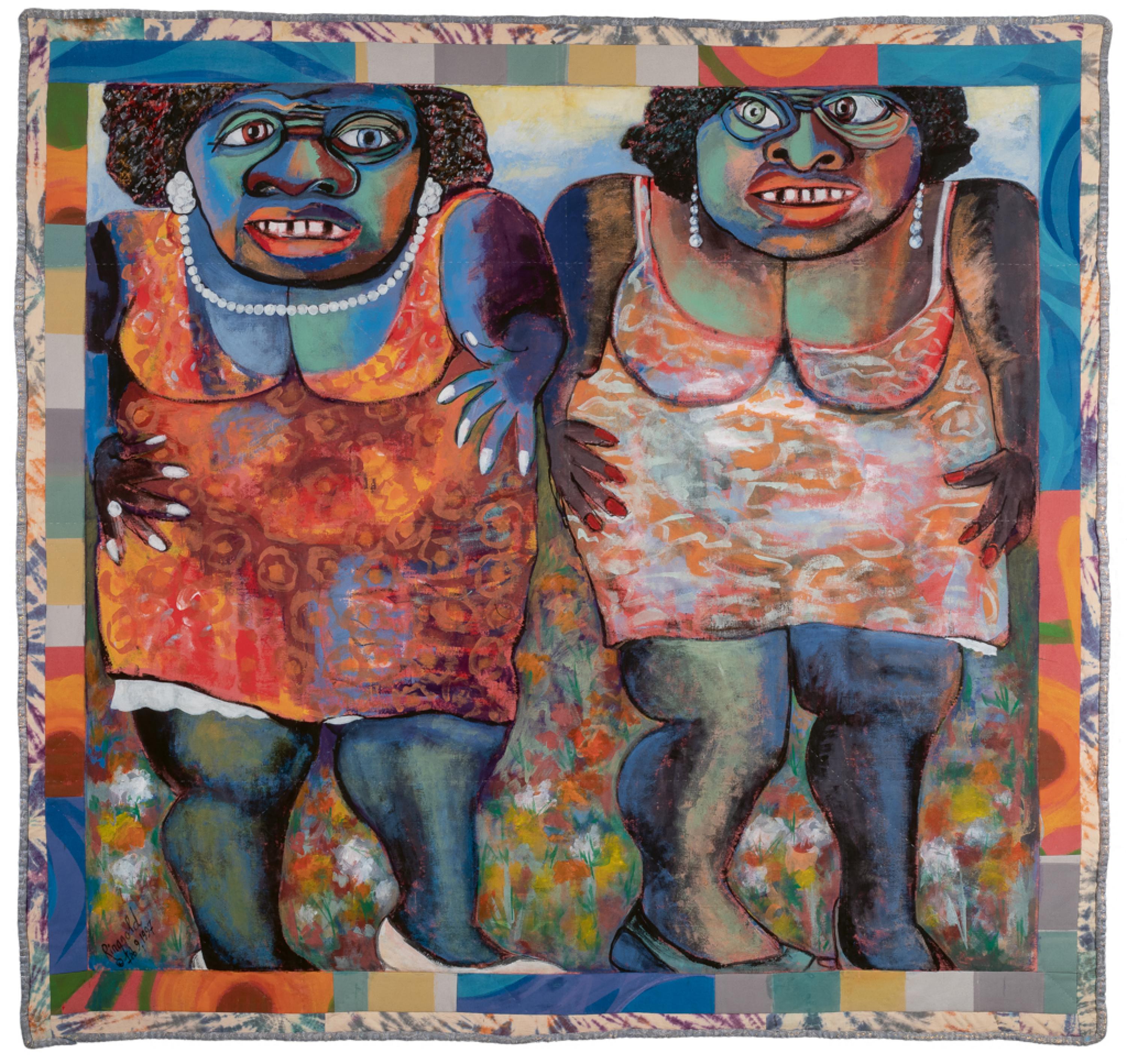 Two women in dresses and slips stand next to each other wearing jewelry.