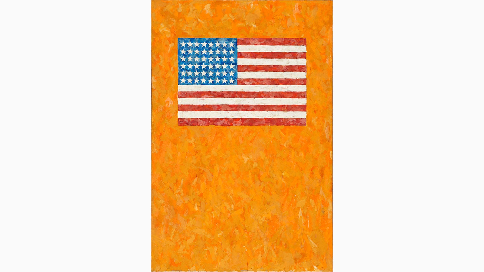A painting of an American flag on an orange background