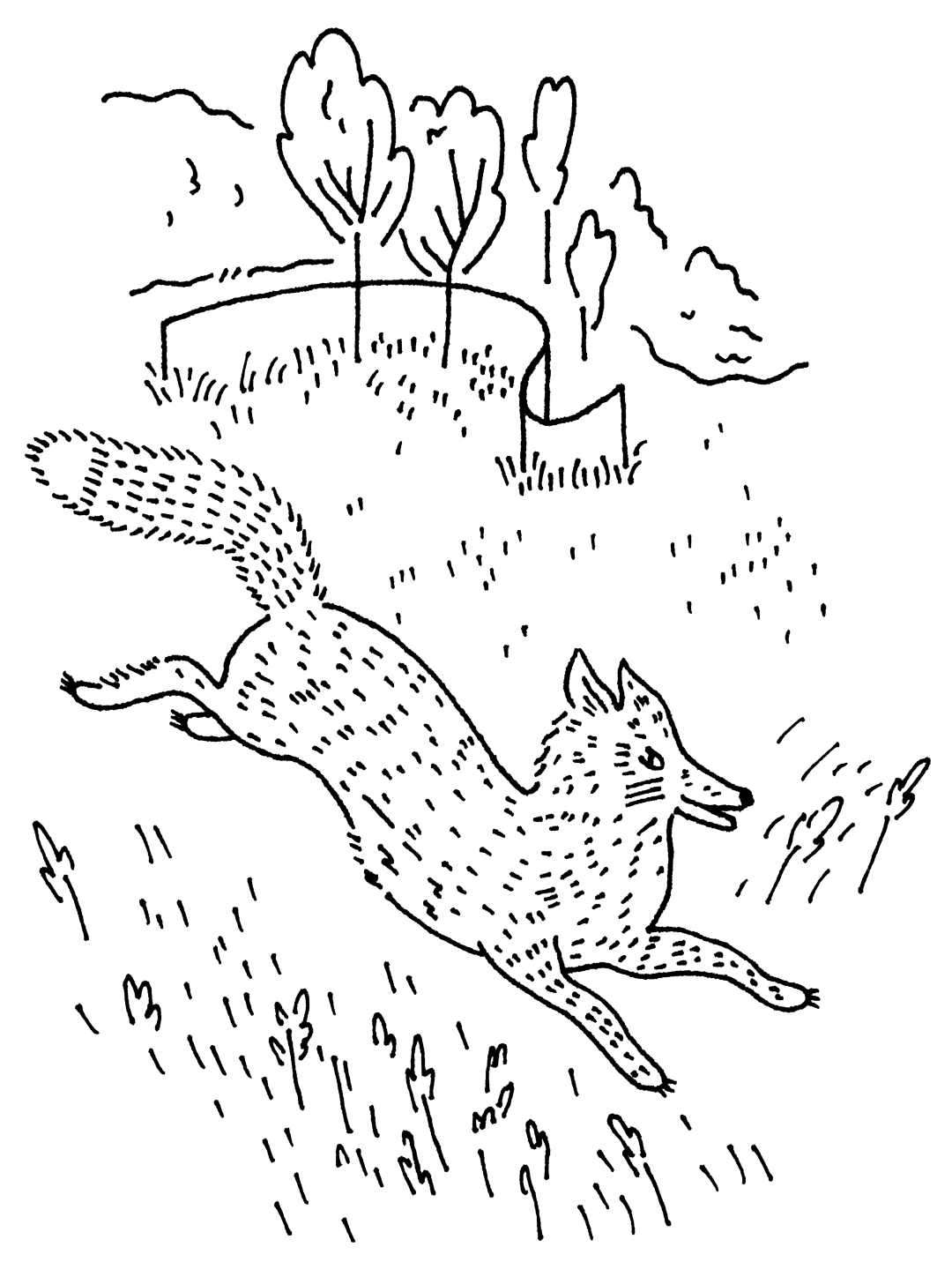 Dibujo lineal en negro de un zorro en pleno salto.