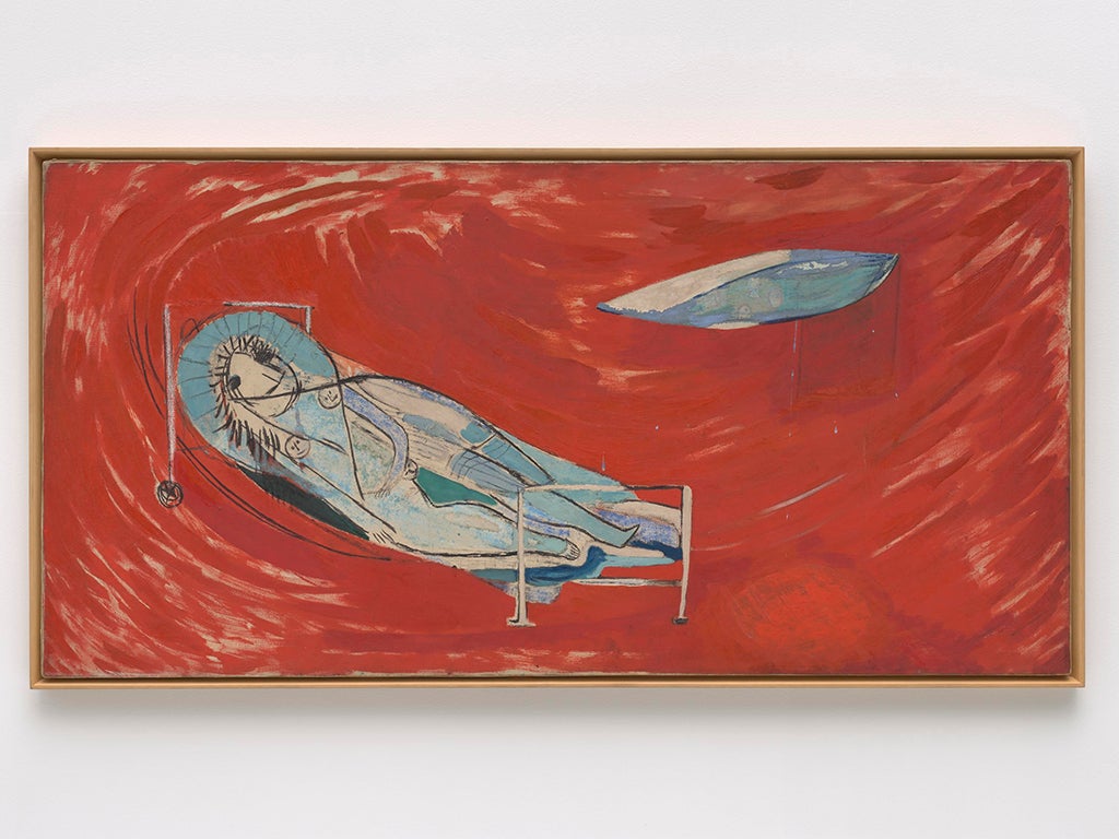 An abstracted person lays in a hospital bed amid a field of red brushstrokes.