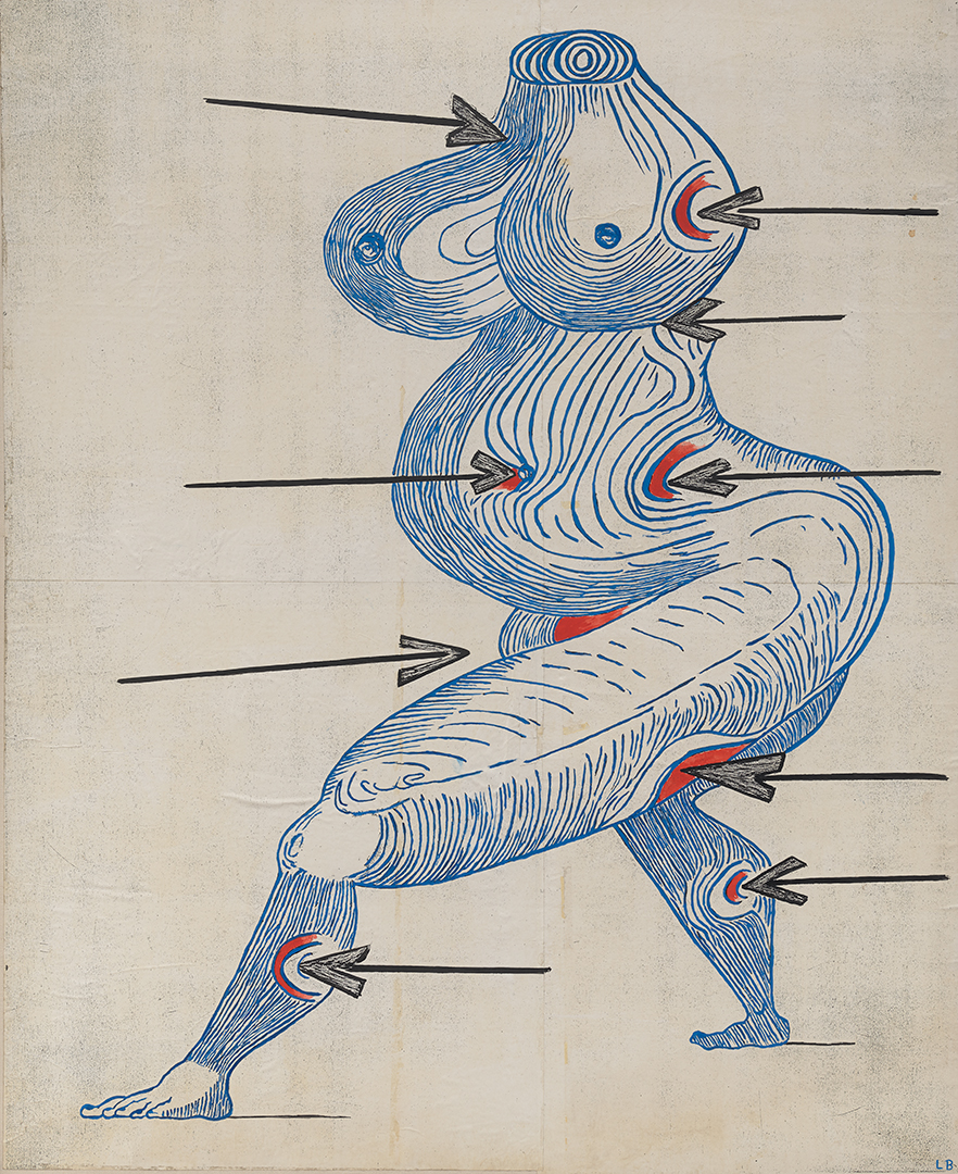 An abstracted headless female figure depicted by blue contour lines with arrows pointing at red spots on various parts of the figure.