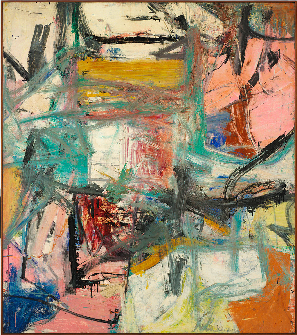 In this painting, loose and expressive brushwork of various colors overlaps and muddies the tones. Lines of blue, yellow, teal, black, and red mix with fields of beige and pink.