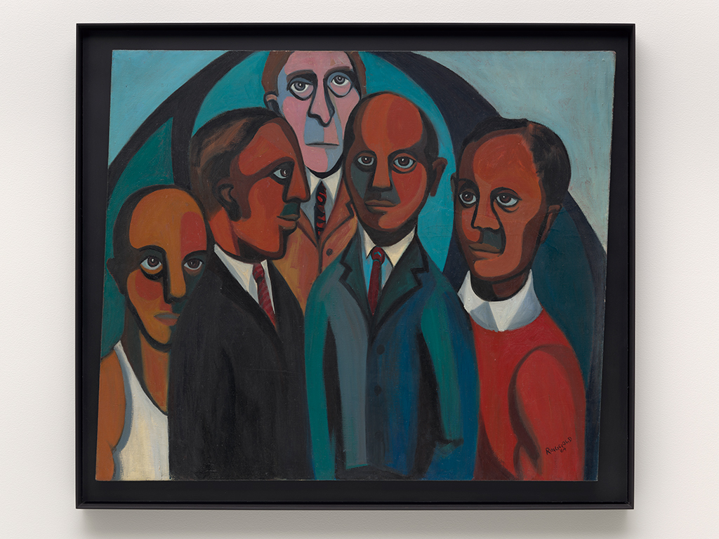 Four African American figures are painted in simple shapes in the foreground. A white man gazes out at the top center.