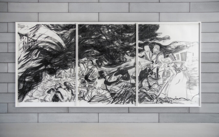 A large three-panel charcoal drawing hangs on a concrete wall.